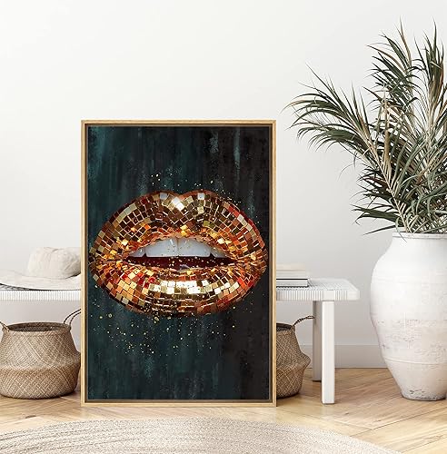 Miniatura 3 de SIGNWIN Lienzo enmarcado para pared, diseño de discoteca naranja, negro y dorado, labios brillantes, textura de personas, fotografía, realismo,
