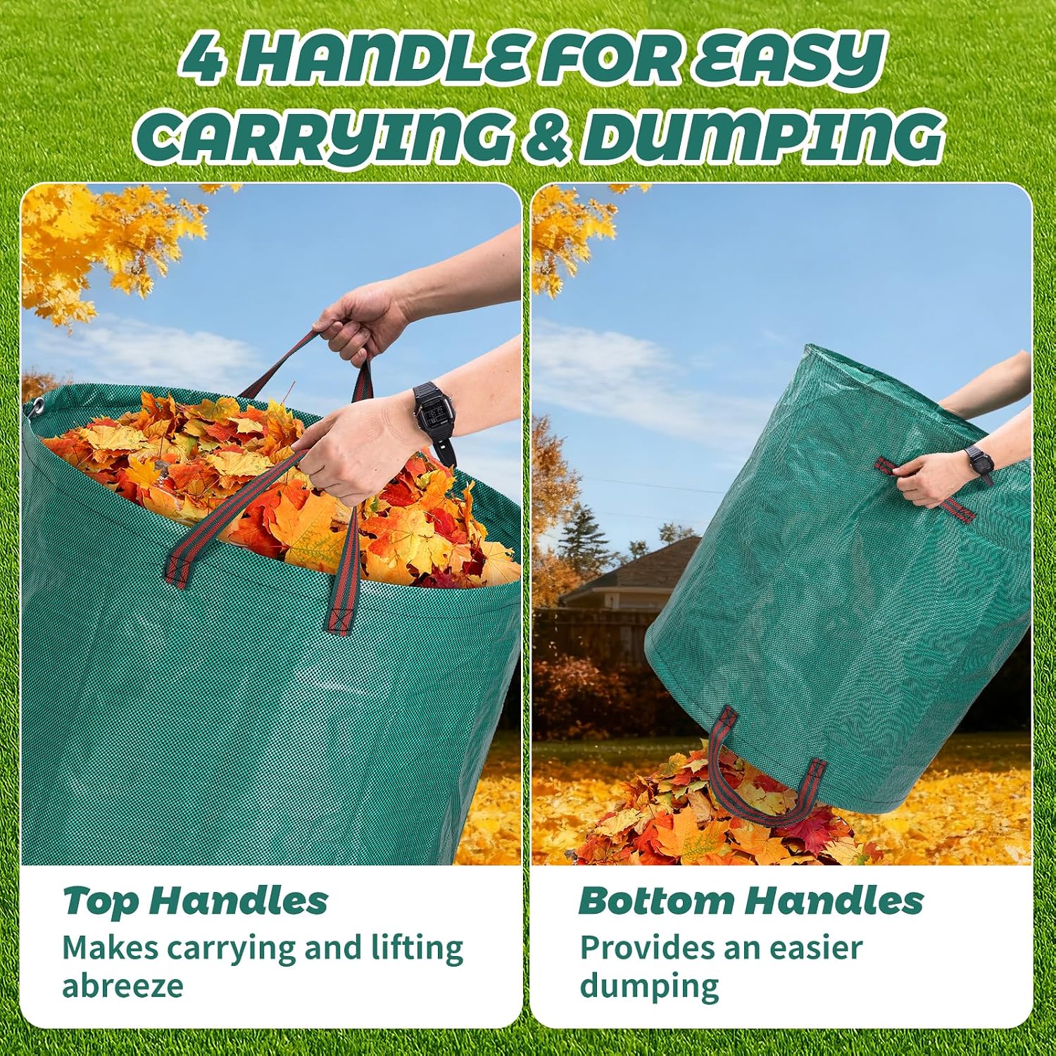 PARBEE 72 Gallon Reusable Leaf Bags, 2 Pack Heavy Duty Yard Waste Bags with Handles, Extra Large Garden Bags for Lawn Leaf Collection, Grass Clippings, Weeds, Yard Clean Up