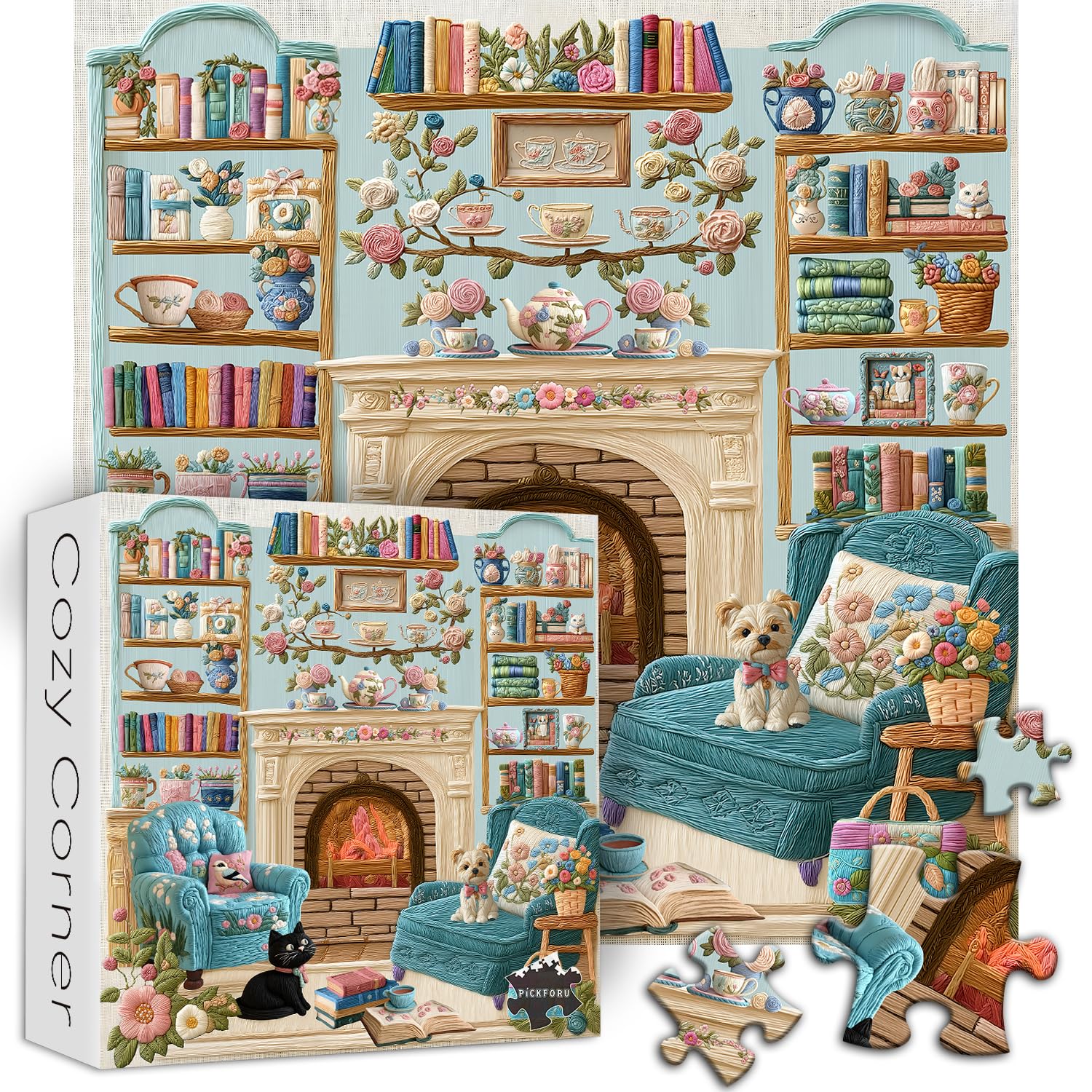 PICKFORU Cozy Puzzles for Adults 1000 Pieces, Dog Puppy Cat Jigsaw Puzzle Bookshelf Teacups, Embroidery Aesthetic Puzzle Cabin, Unique Modern Art Jigsaw Challenging - Image 2