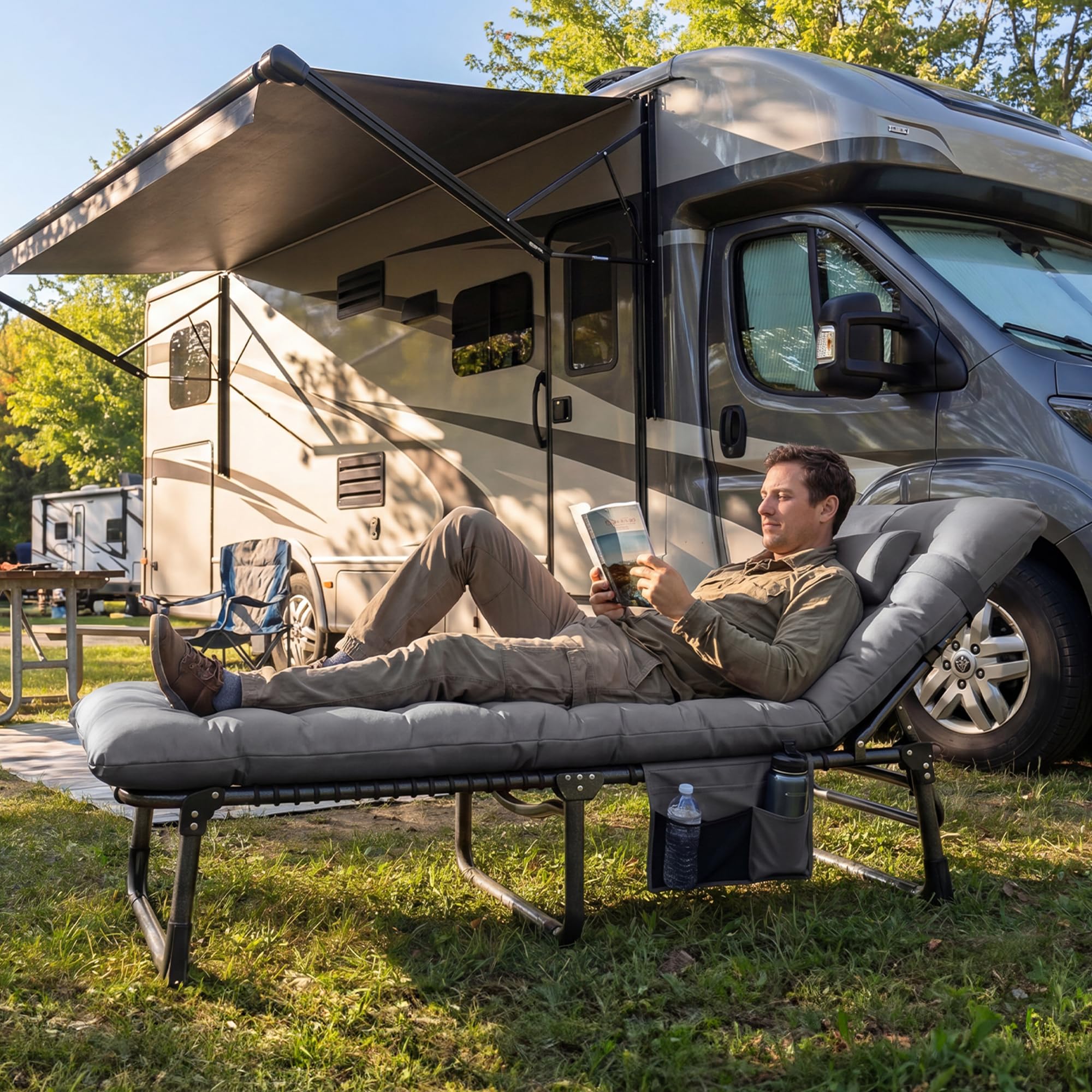 UDPATIO Camping Betten Feldbetten Klappbar, Liegestuhl Mit Auflage Polster, Gartenliege mit Verstellbarer Rückenlehne, Strandliege Campingliege für Outdoor Camping Grau