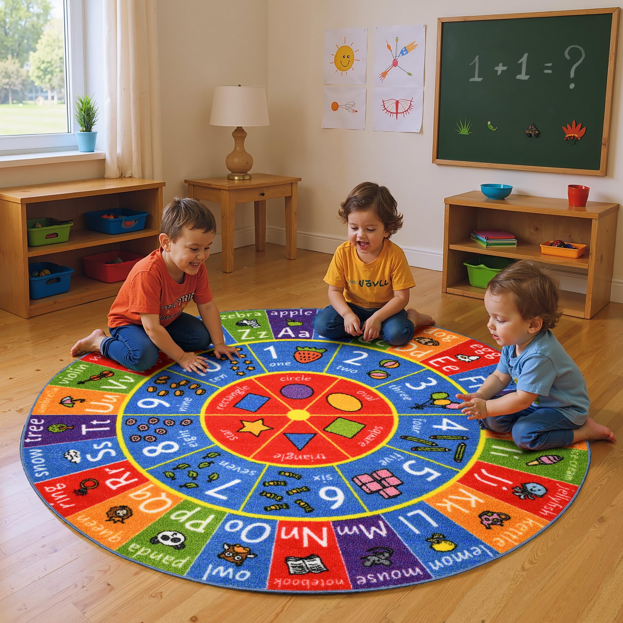 KC Cubs 3x3 ABC Alphabet, Numbers & Shapes Rug – Educational Non-Slip Play Mat Carpet for Kids, Toddlers, Nursery, Classroom, Playroom, Baby Daycare (Round)