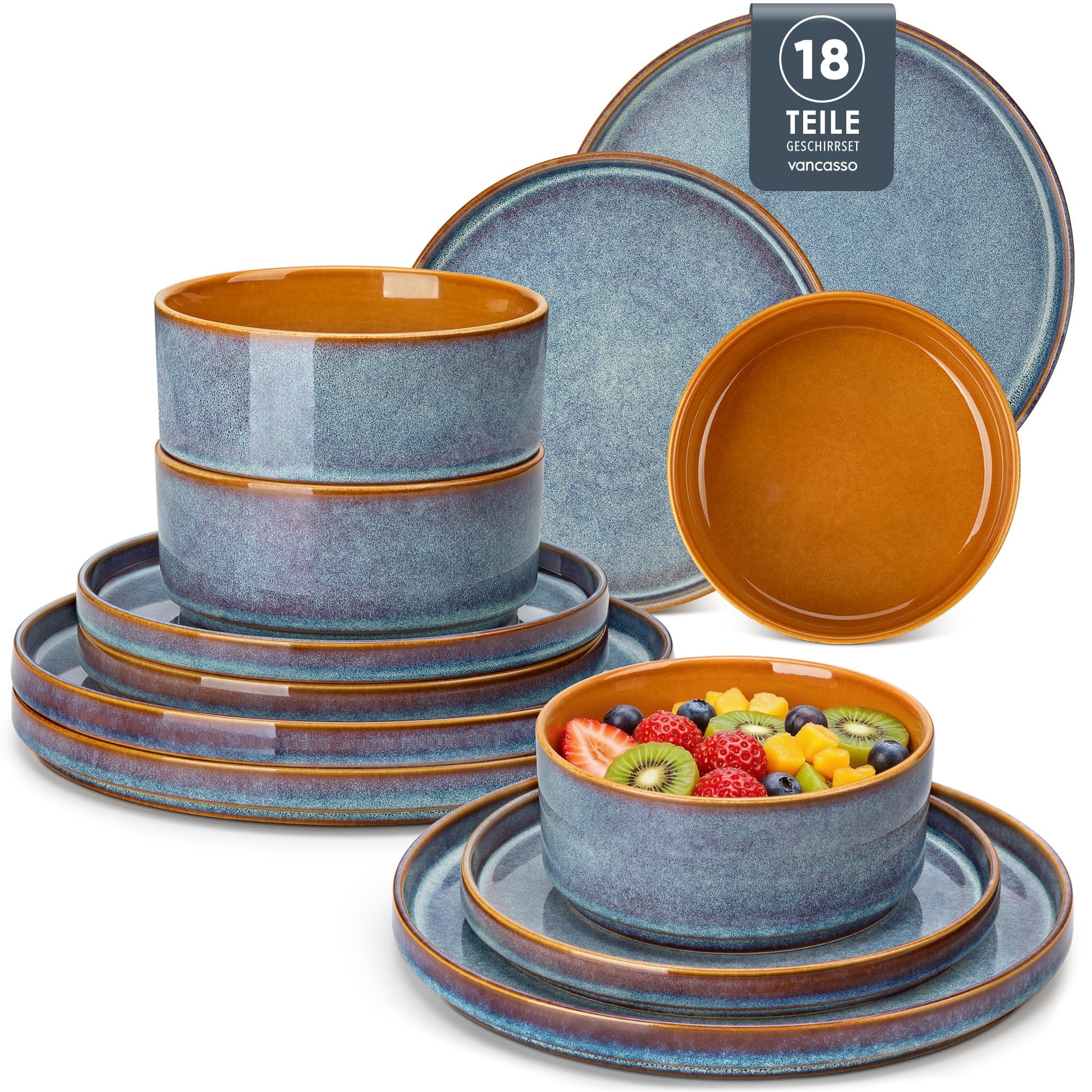 Assiettes service de table 18 pièces en grès gris bleu vancasso ONION pour 6 personnes