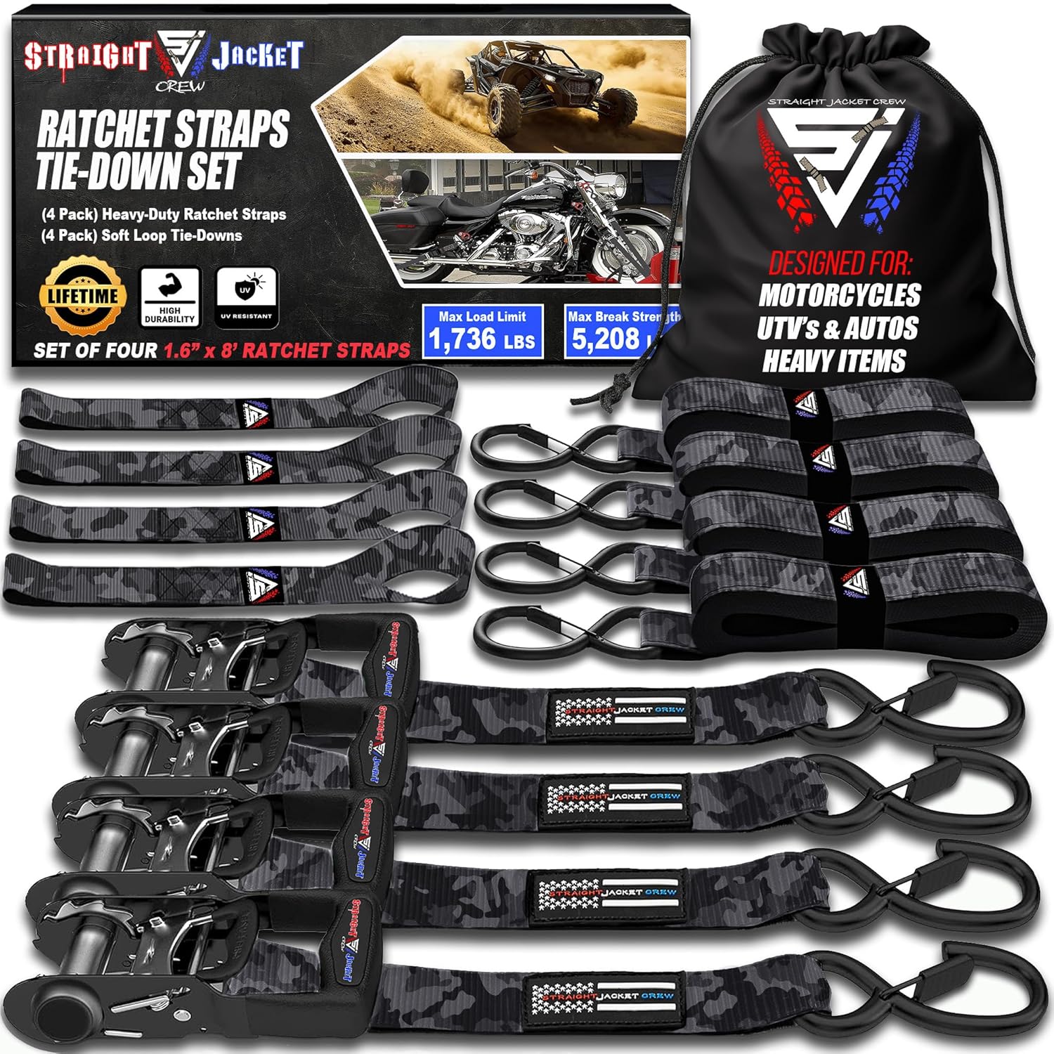 Ratchet Straps Tie Down Kit Incl. (4) Heavy Duty Rachet Tiedowns (1.6" x 8') with Coated S Hooks + (4) Soft Loop Tie-Downs (17") - 5,208 Total Break Strength by Straight Jacket Crew (Black Camo)
