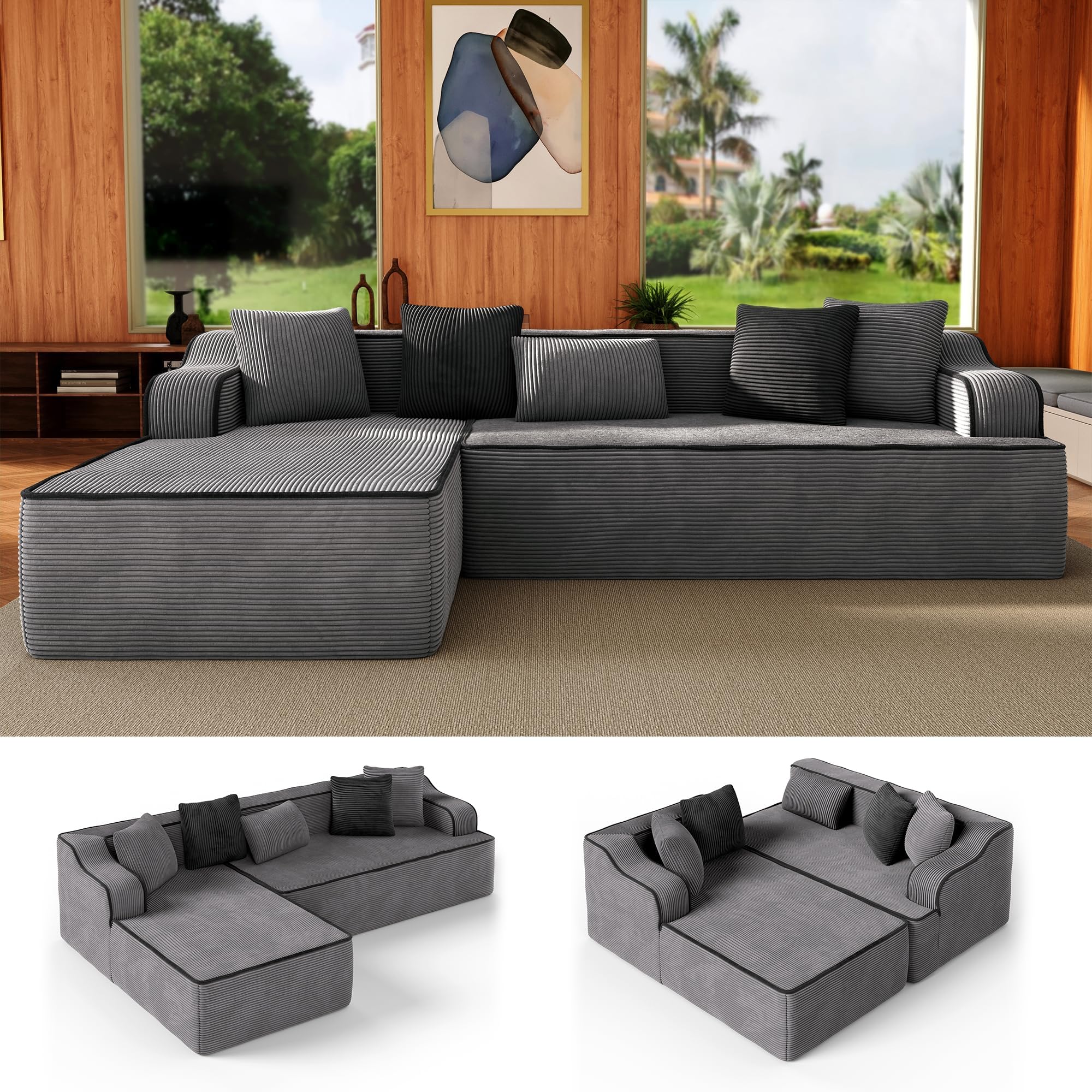 MIXPATIO 104" Cloud Boneless Sectional Couch with L-Shape Chaise, Upholstered Corduroy Couch with Deep Seat, No Assembly Required, Compressed Sofa for