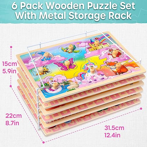 Miniatura 5 de SYNARRY Wooden Puzzles for Toddlers 1-3, 6XSET Toddlers Puzzles Ages 1-3 with Rack, Learning Alphabet Number Shape Unicorn Princess Mermaid Animal,