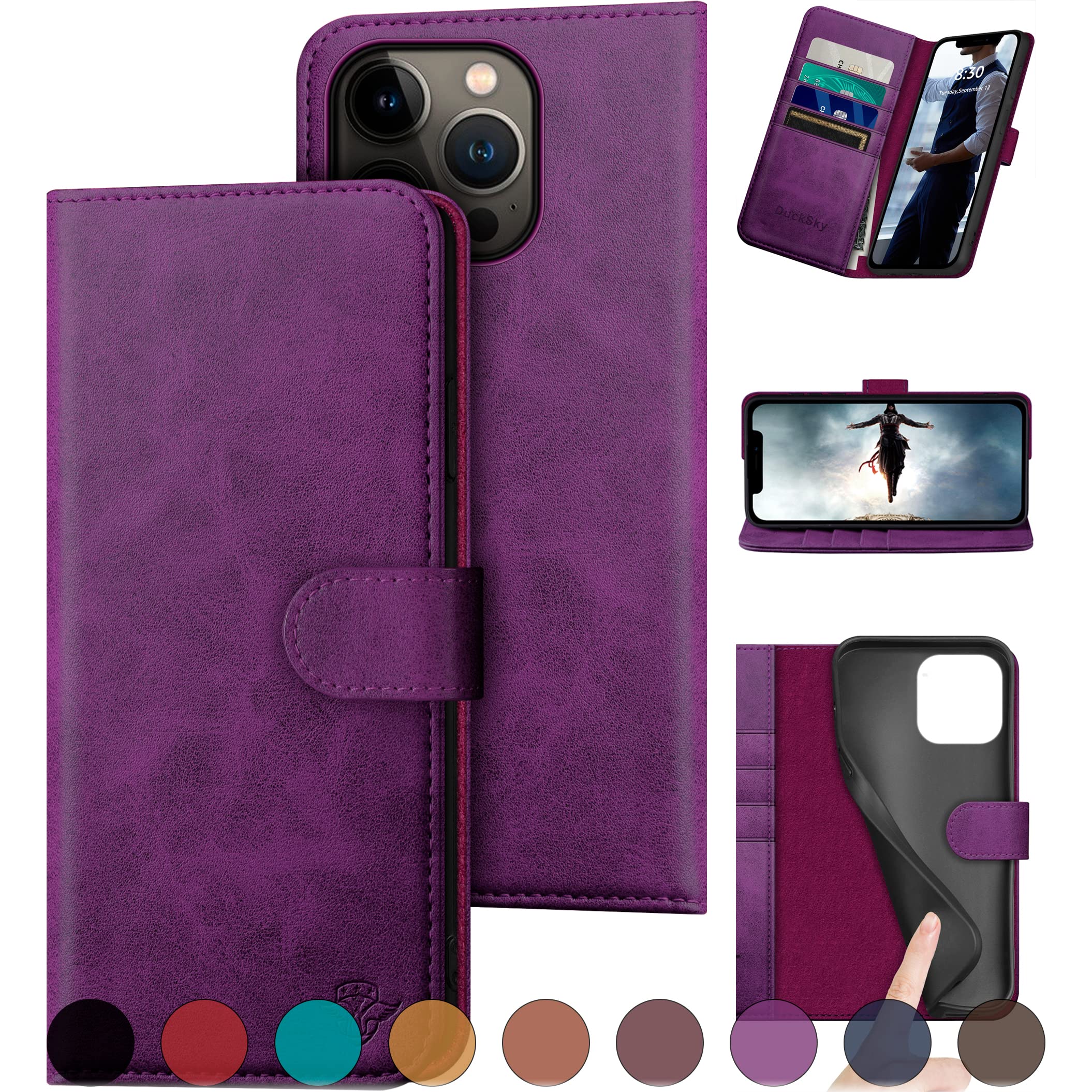 DuckSky for iPhone 14 Pro 6.1" Genuine Leather Wallet case 【RFID Blocking】【4 Credit Card Holder】【Real Leather】 Flip Folio Book Phone case Protective
