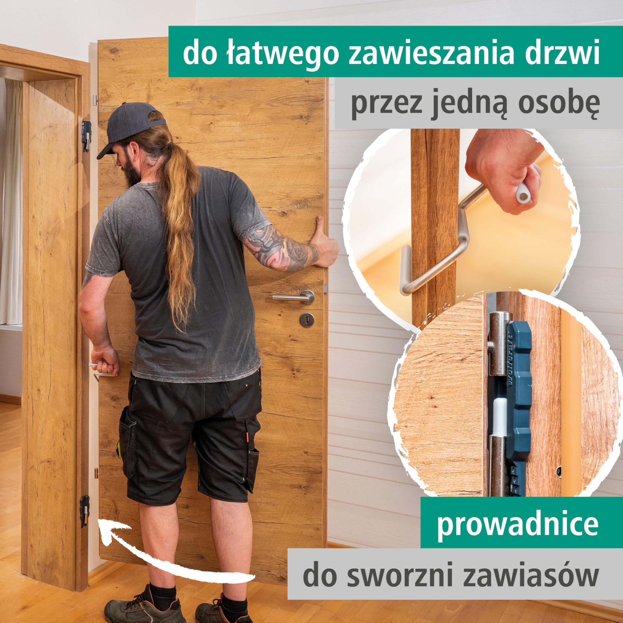 wolfcraft Zestaw montażowy skrzydła drzwi I 3674000 I wieszak do podnoszenia ze stali, prowadnice ze skalą pomiarową I łatwe zawieszenie i przenoszenie drzwi przez jedną osobę