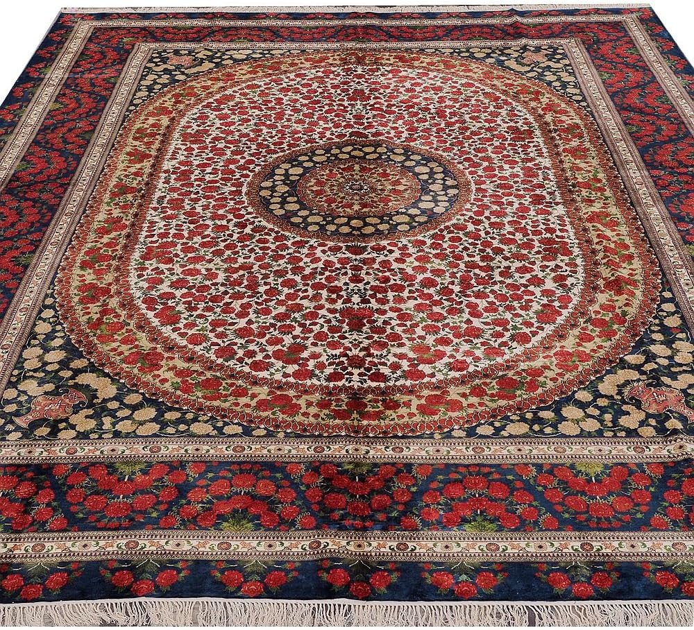 Yilong 10' x 14' Large Oriental Hand Knotted Tabriz Persian Silk Rug Traditional Medallion Roses Design Handmade Carpet L09A10X14