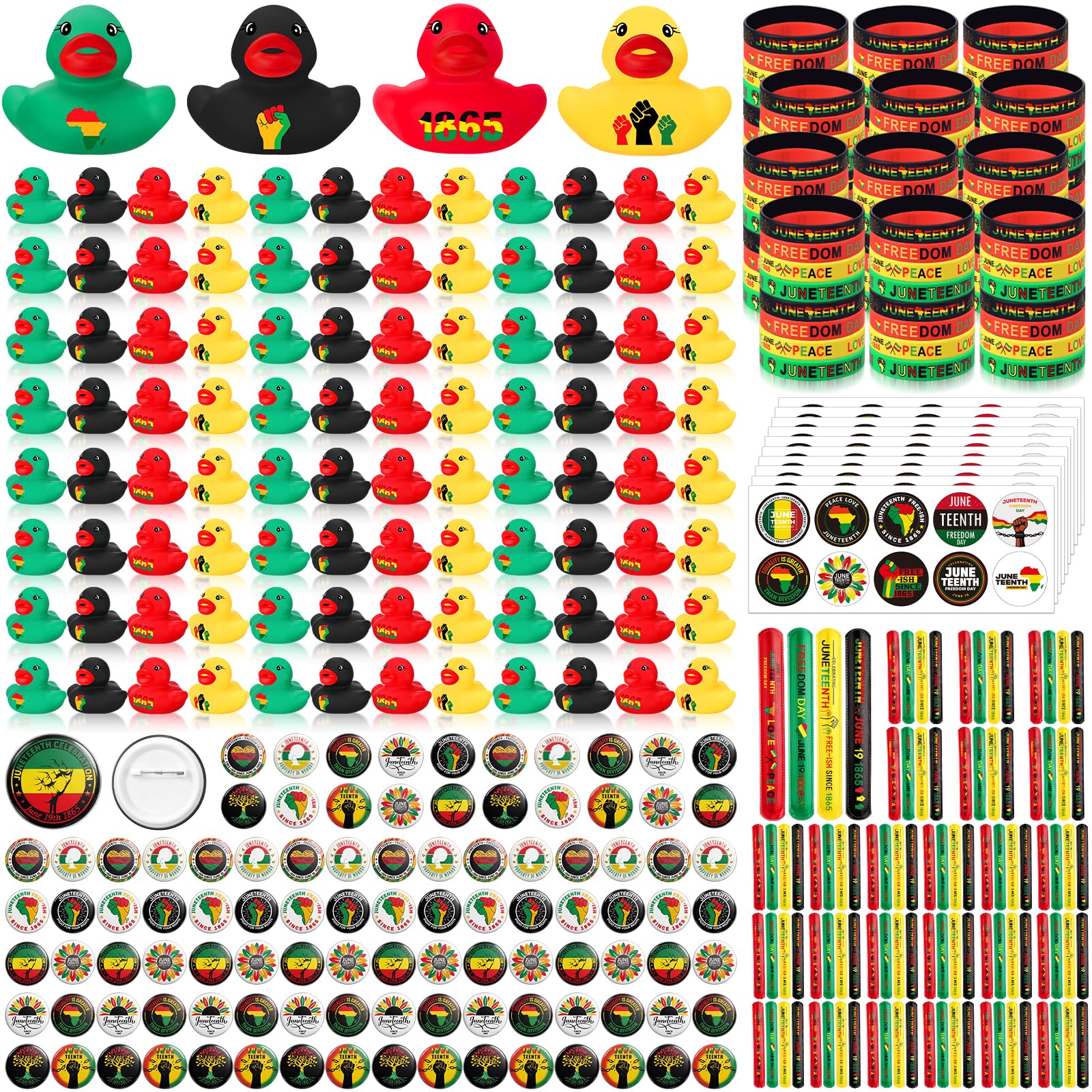 500 Pcs Juneteenth Party Favors Juneteenth Gifts Decorations African American Freedom Day Accessories with 100 Silicone Bracelets 100 Rubber Ducks 100 Pins 100 Stickers 100 Slap Bracelets
