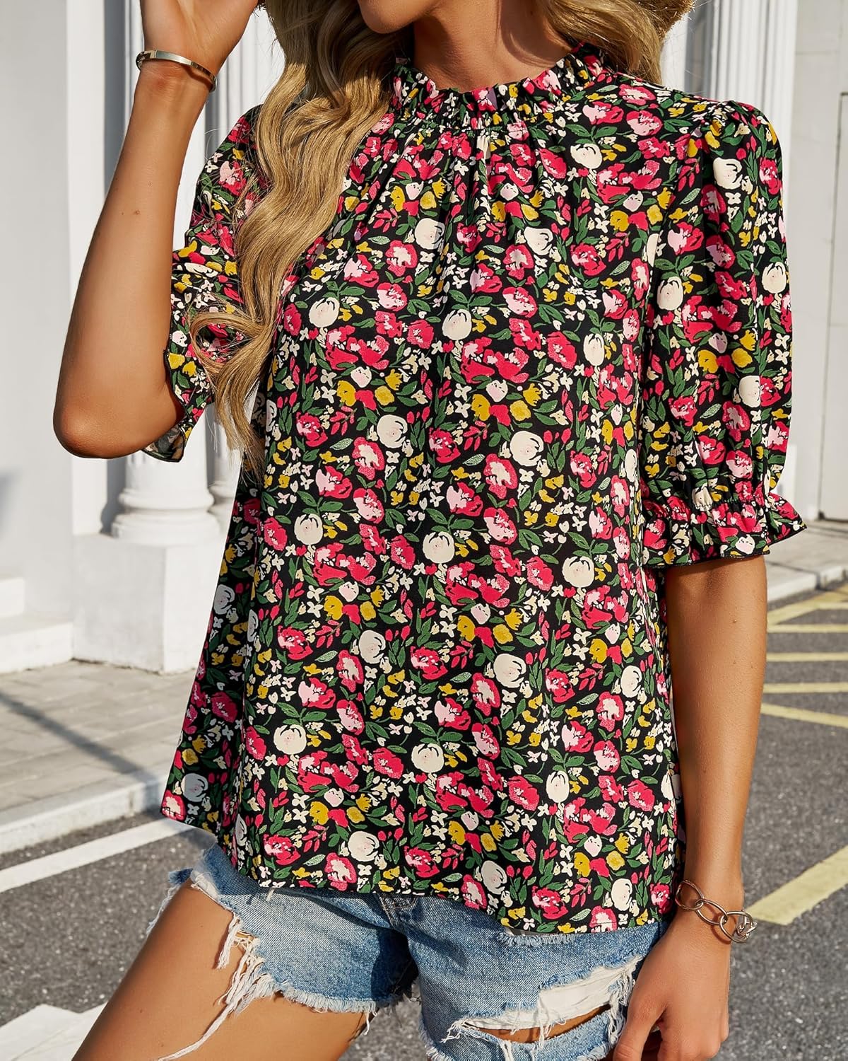 BTFBM Womens Tops 2026 Dressy Casual Blouses Summer Spring Clothes Mock Neck Short Sleeve Shirts Business Work Fall Outfits - Image 5