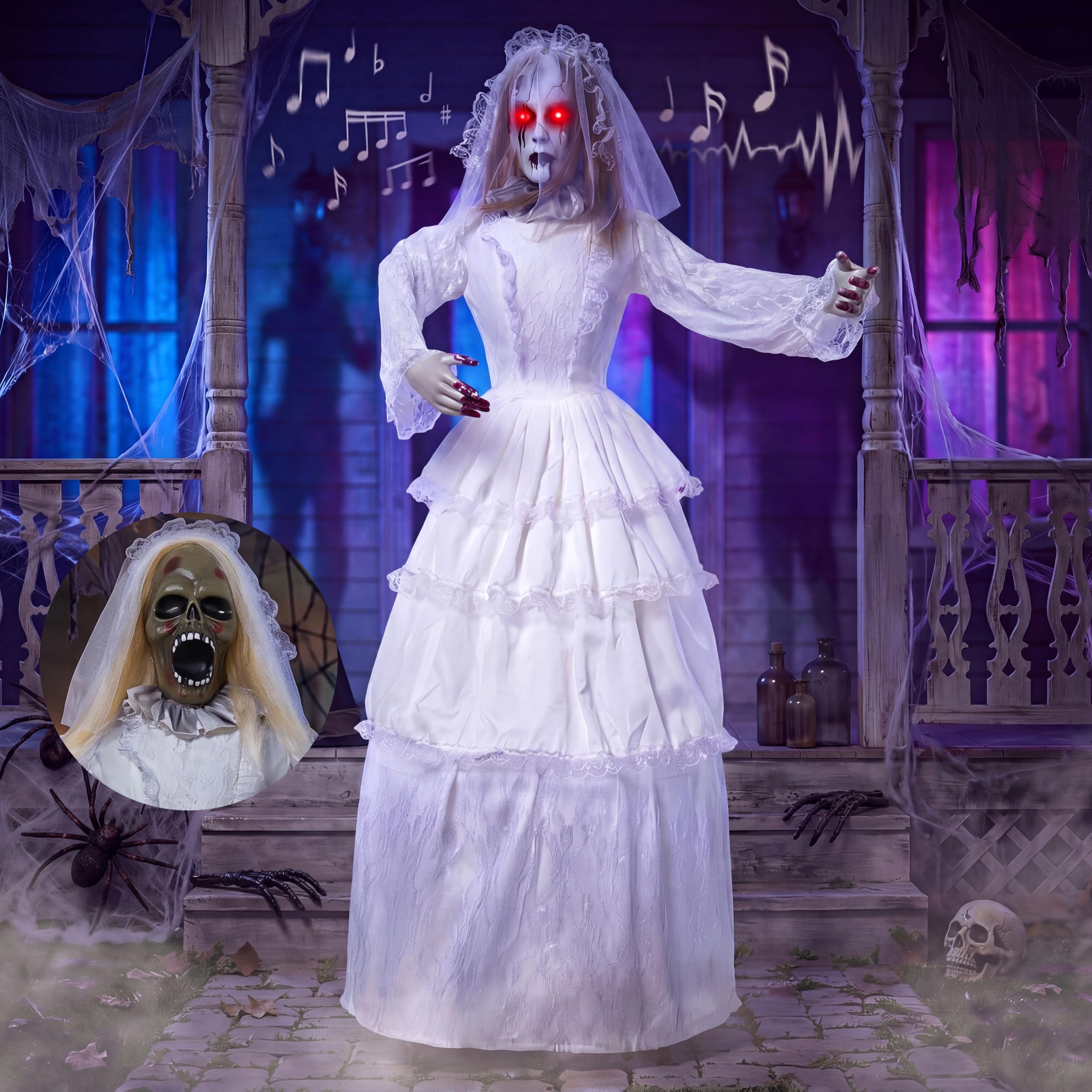 Joyin White 67" Halloween Outdoor Decorations Animatronic Bride, 180° Twisting Head Jump Scare, Sound Activated Scary Prop With Glowing Eyes And Sounds, Scary Haunted House Props For Garden Yard Lawn
