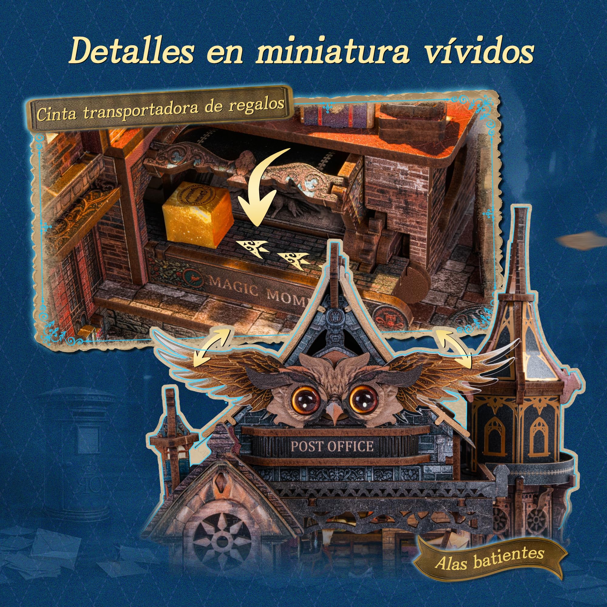 FUNPOLA Puzzle 3D de Madera con Luces LED Oficina Postal del Búho – Modelo dinámico con Engranajes mecánicos, Kit Miniatura DIY con música y Luces LED, Regalo Decorativo para Adultos y Adolescentes