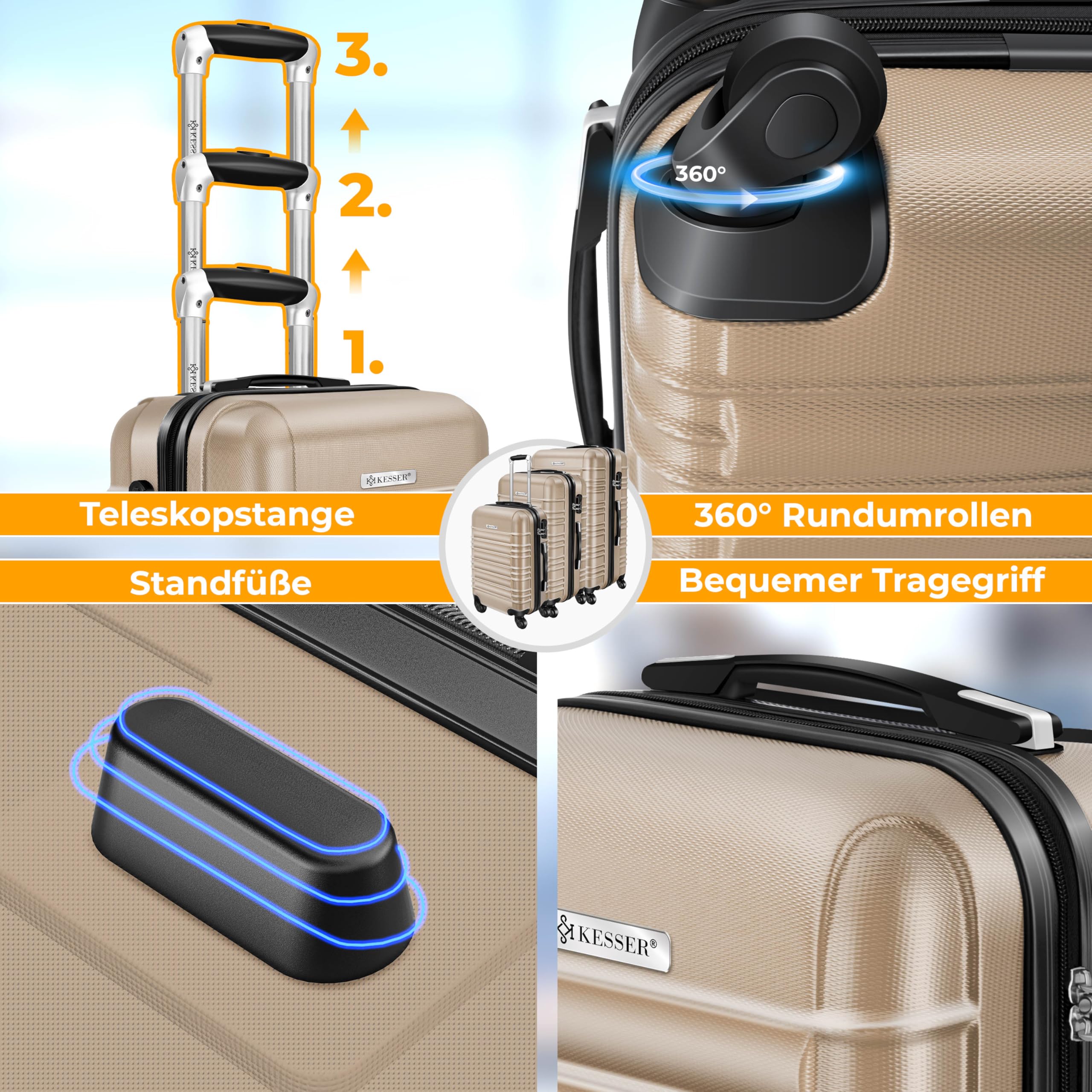 KESSER Reisekoffer 120L Hartschalen Trolley ABS-Hartschale Zahlenschloss 4 Rollen Teleskopgriff 75x50x32cm Champagne