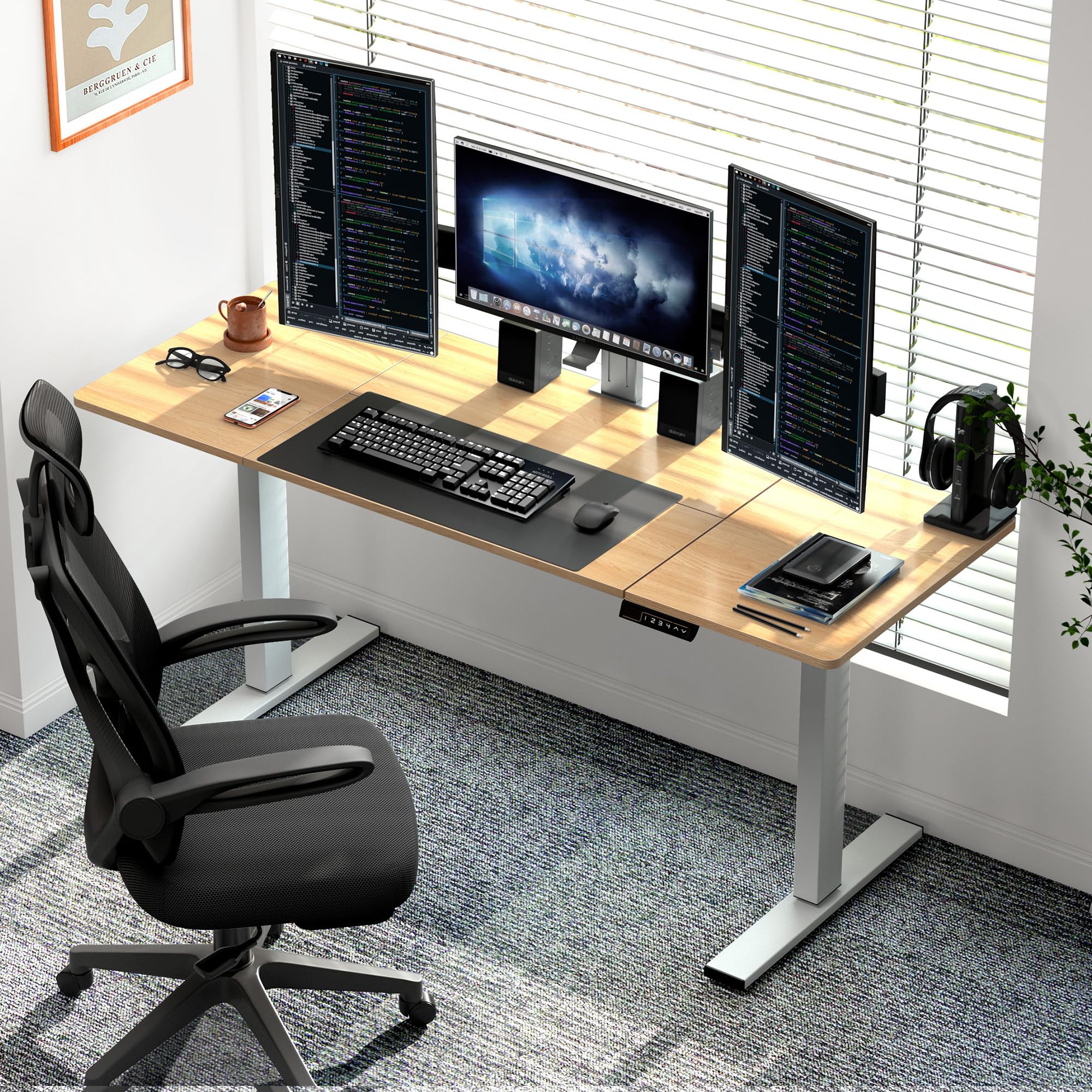 sogesfurniture Escritorio Eléctrico Ajustable en Altura, Ideal para Oficina, Trabajo con Ordenador o de Pie, Tamaño de 160 x 60 cm, Superficie Duradera y Función de Memoria de 4 Alturas, Color Teca