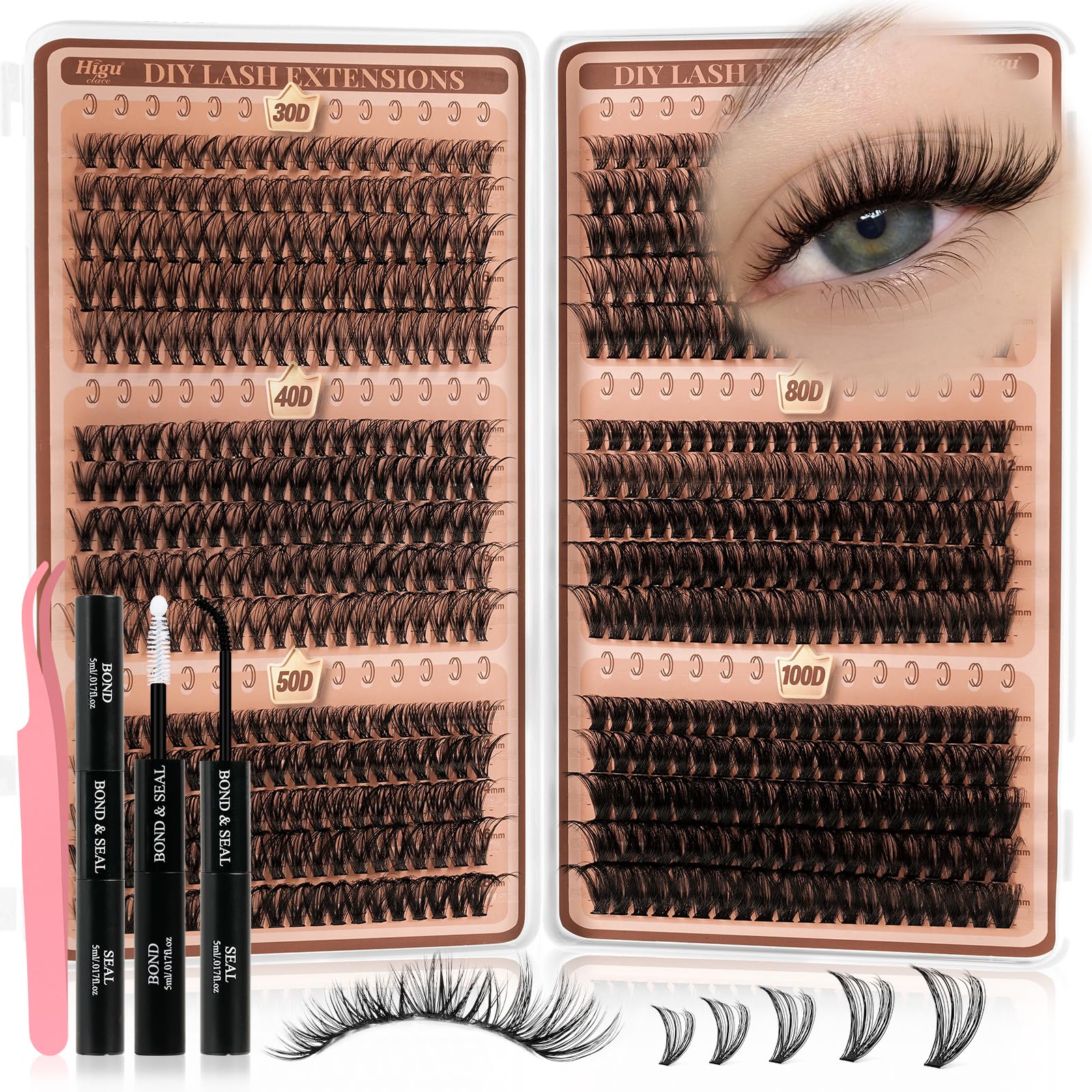 Higu clace 580 pcs Wimpern-Extensions 30-40-50-60-80-100D Curl Lash-Extension-Set Künstliche Wimpern für Wimpernverlängerung zu Hause DIY-Wimpern-Extensions für Anfänger(10-18mm)