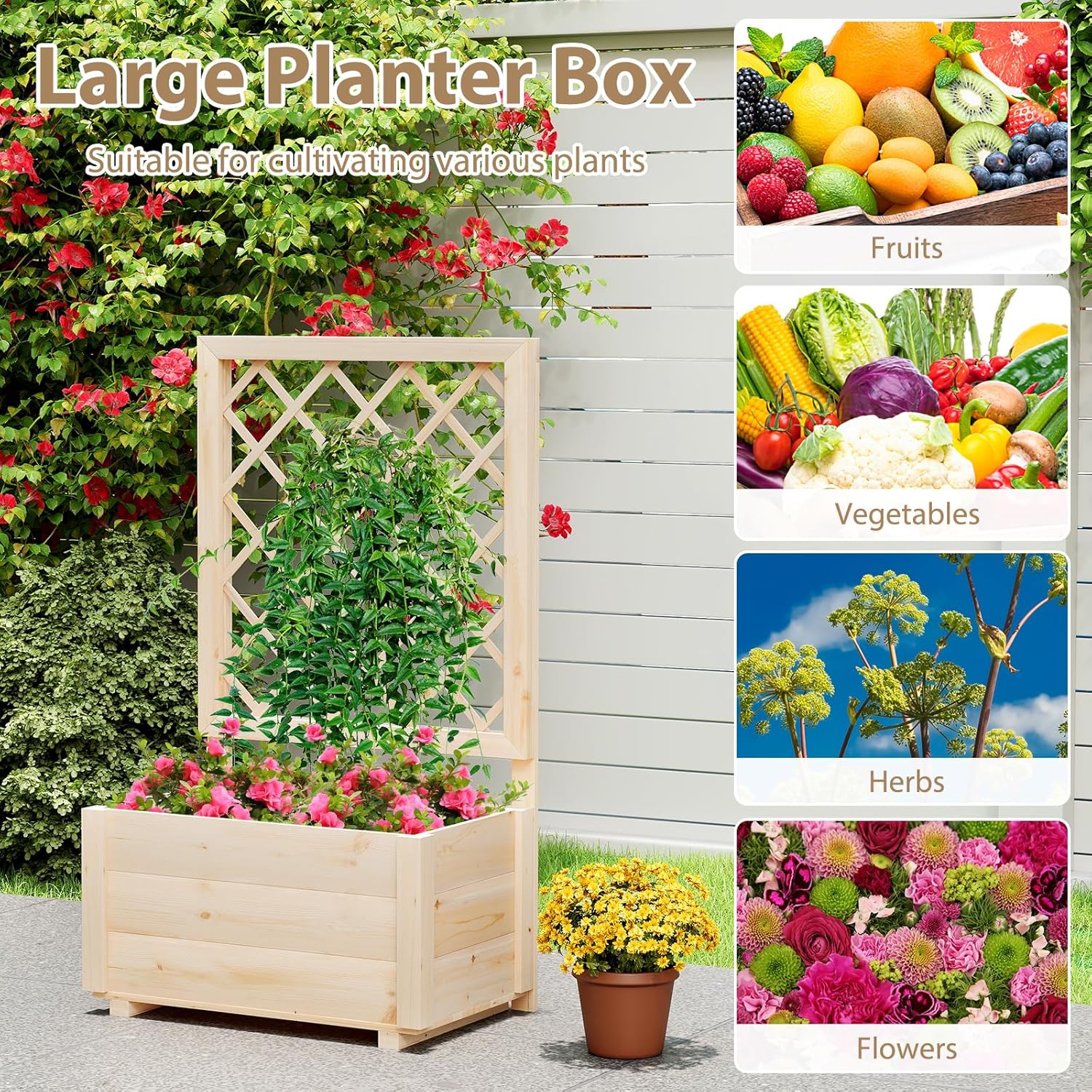 Giantex Raised Garden Bed with Trellis, Wooden Elevated Planter Box for Climbing Plants, Outdoor Garden Planter for Vegetables Flowers Herbs, Patio Balcony Planting Box, 23 x 14 x 40 Inch