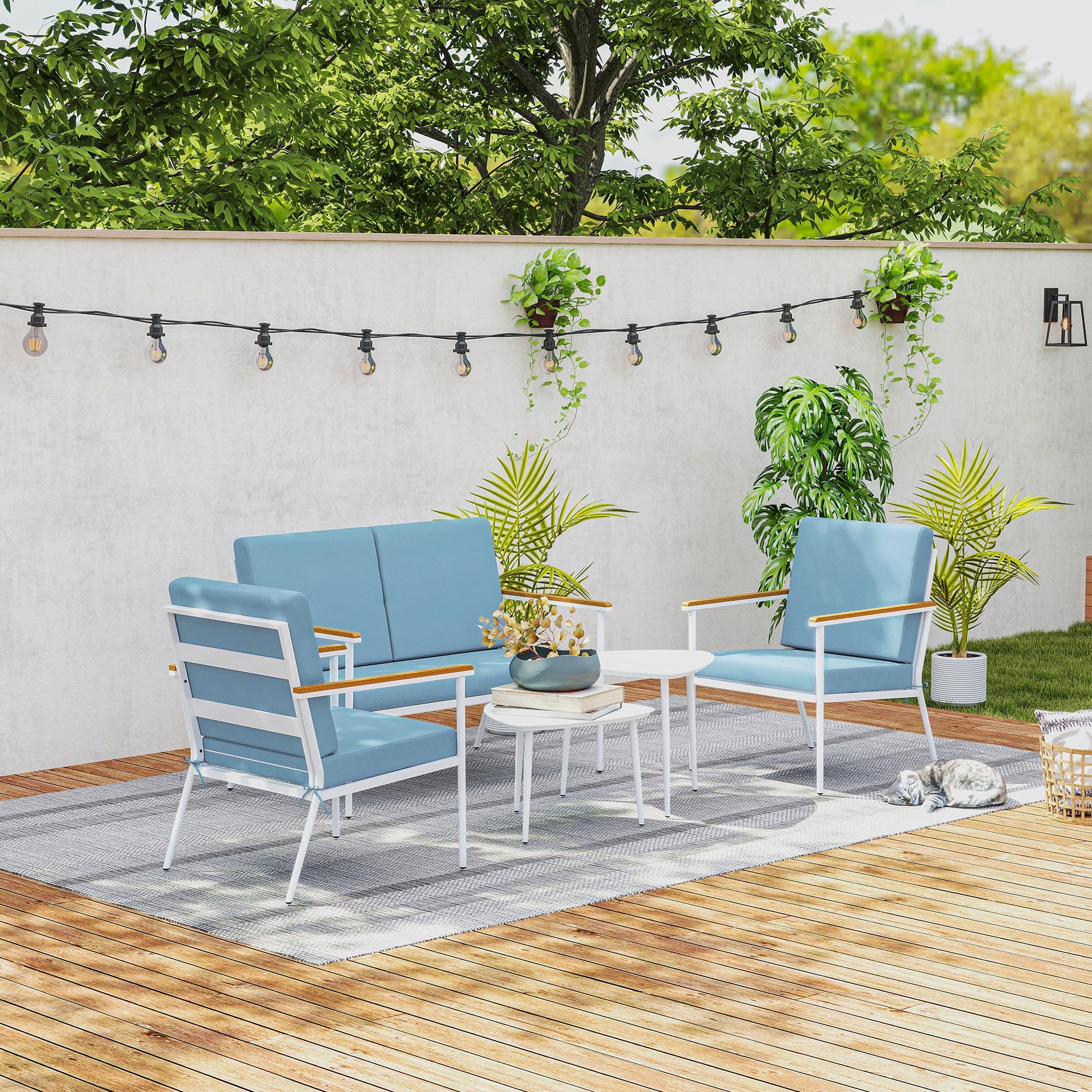 Outsunny Set Salotto da Giardino 5 Pezzi con Divanetto 2 Posti, Poltrone e Tavolino in Vetro, Azzurro