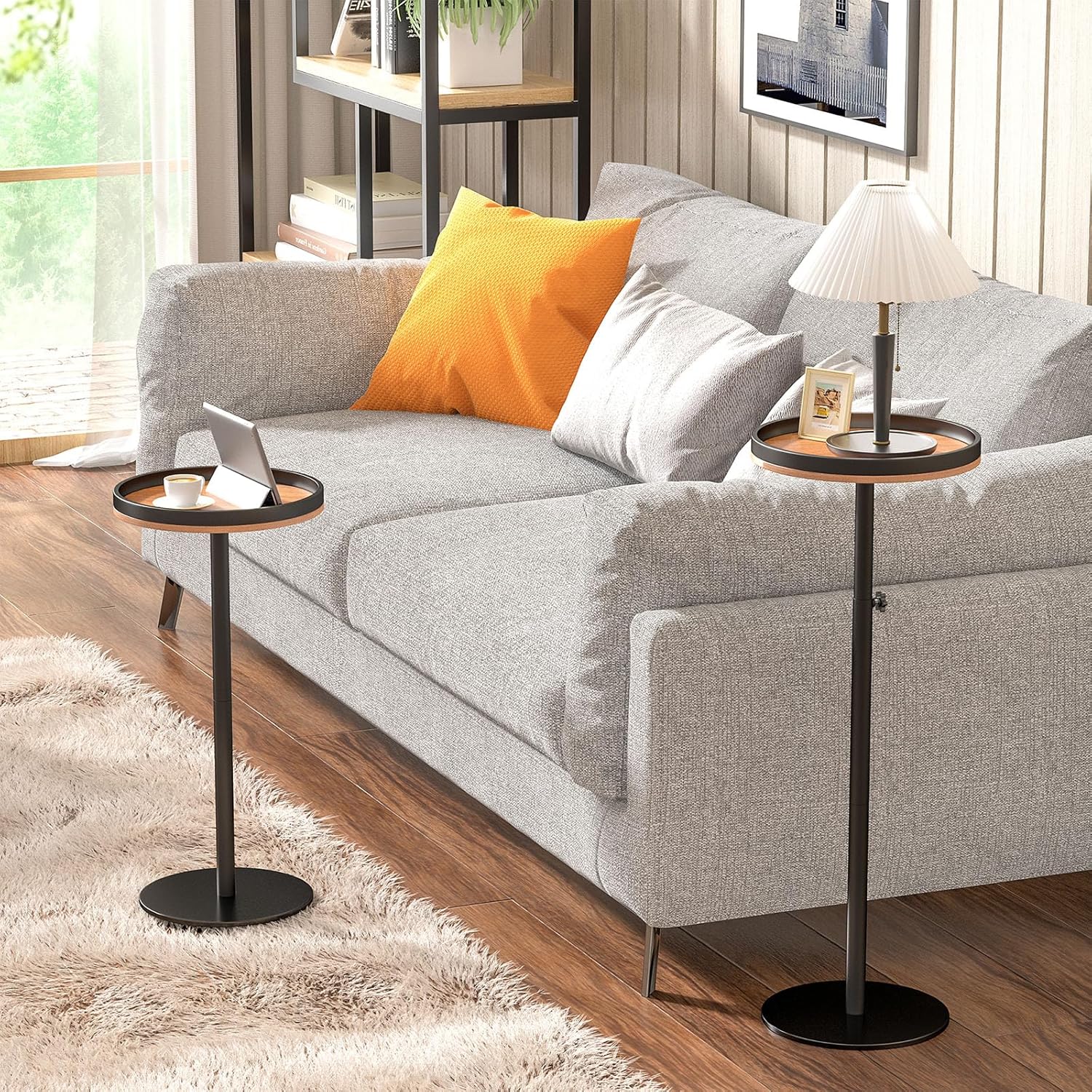 Small Round Side Table, Adjustable Height Drink Table for Small Spaces, Martini Table with Pedestal Accent for Living Room, Bedroom, Sofa Couch, Rustic Brown