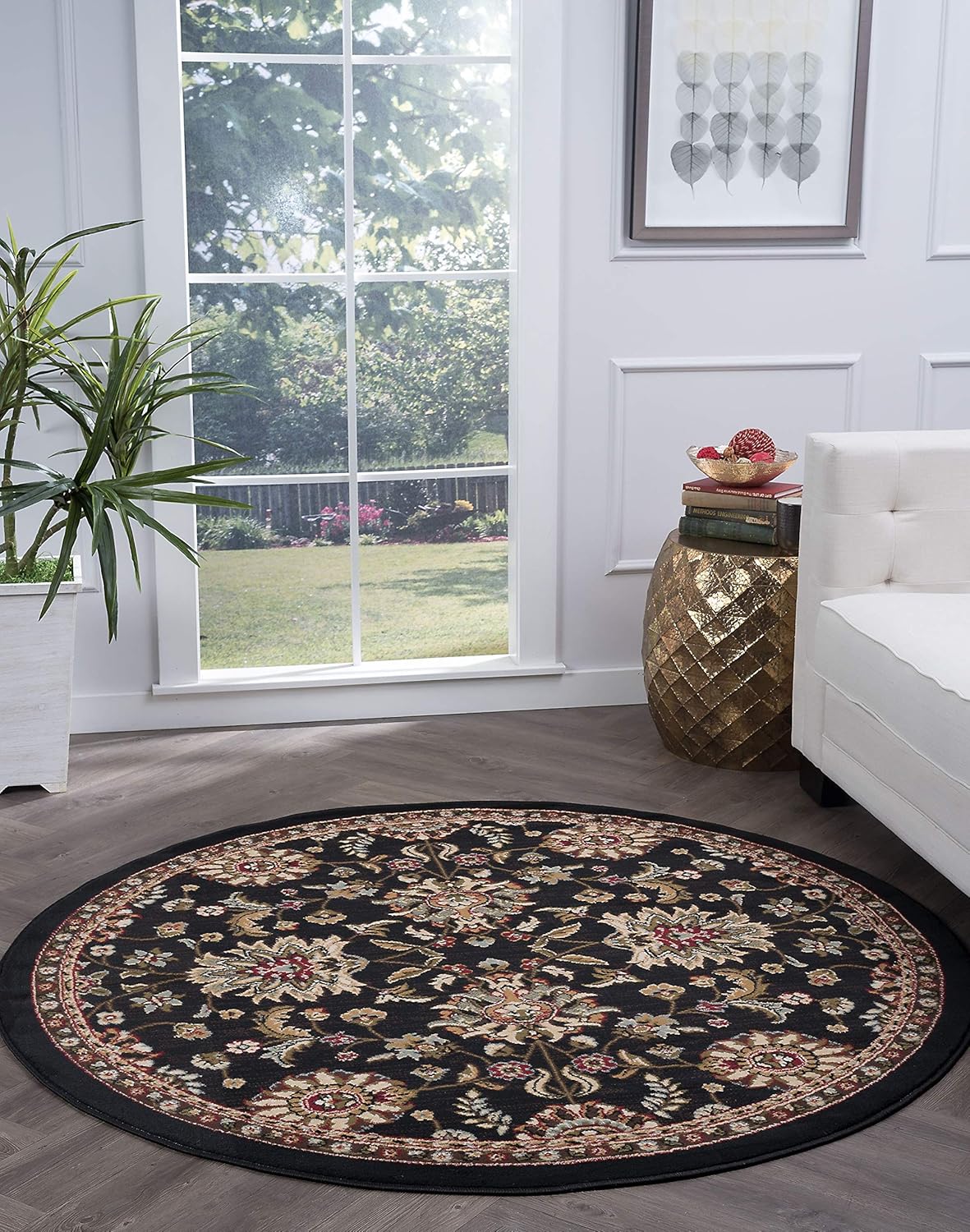 Tayse Leanna Black 8 Foot Round Area Rug for Living, Bedroom, or Dining Room - Transitional, Oriental