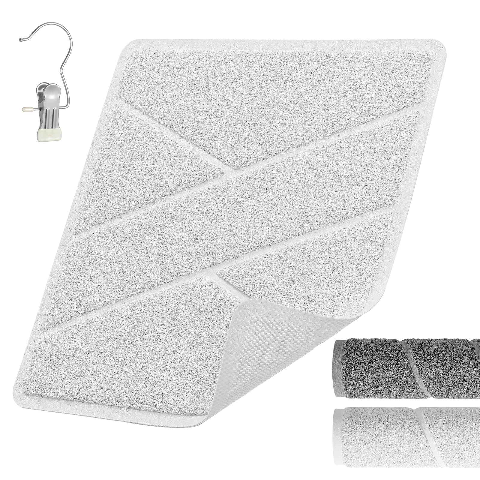 XIYUNTE Square Shower Mat Non Slip Anti Mould, Bath Mat with Heat-Pressed Edging 60x60cm, INCL. Hooks for Drying, Non Slip Shower Mats for Inside or Outside, Machine Washable and BPA-Free, White