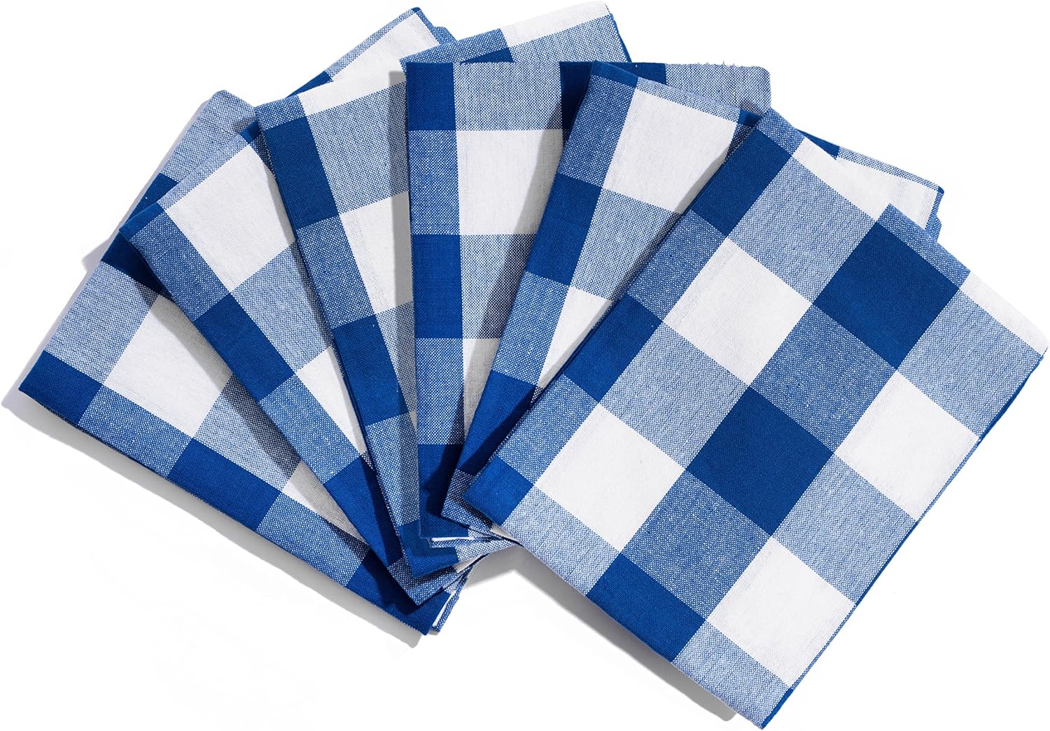 ブルーとホワイトの格子柄キッチンタオル - ブルーチェック柄6枚セット 綿100%、糸くずの出ないキッチンタオル 吊り下げループ付き
