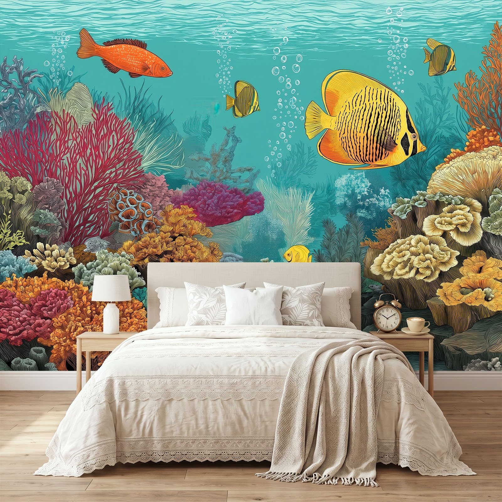 500 x 280 cm, fototapeta z włókniny, na wymiar, podwodny krajobraz, rafy koralowe, ryby, turkusowa, fotorealistyczna, tapeta na flizelinie, tapeta z motywem, dekoracja ścienna, dekoracja ścienna