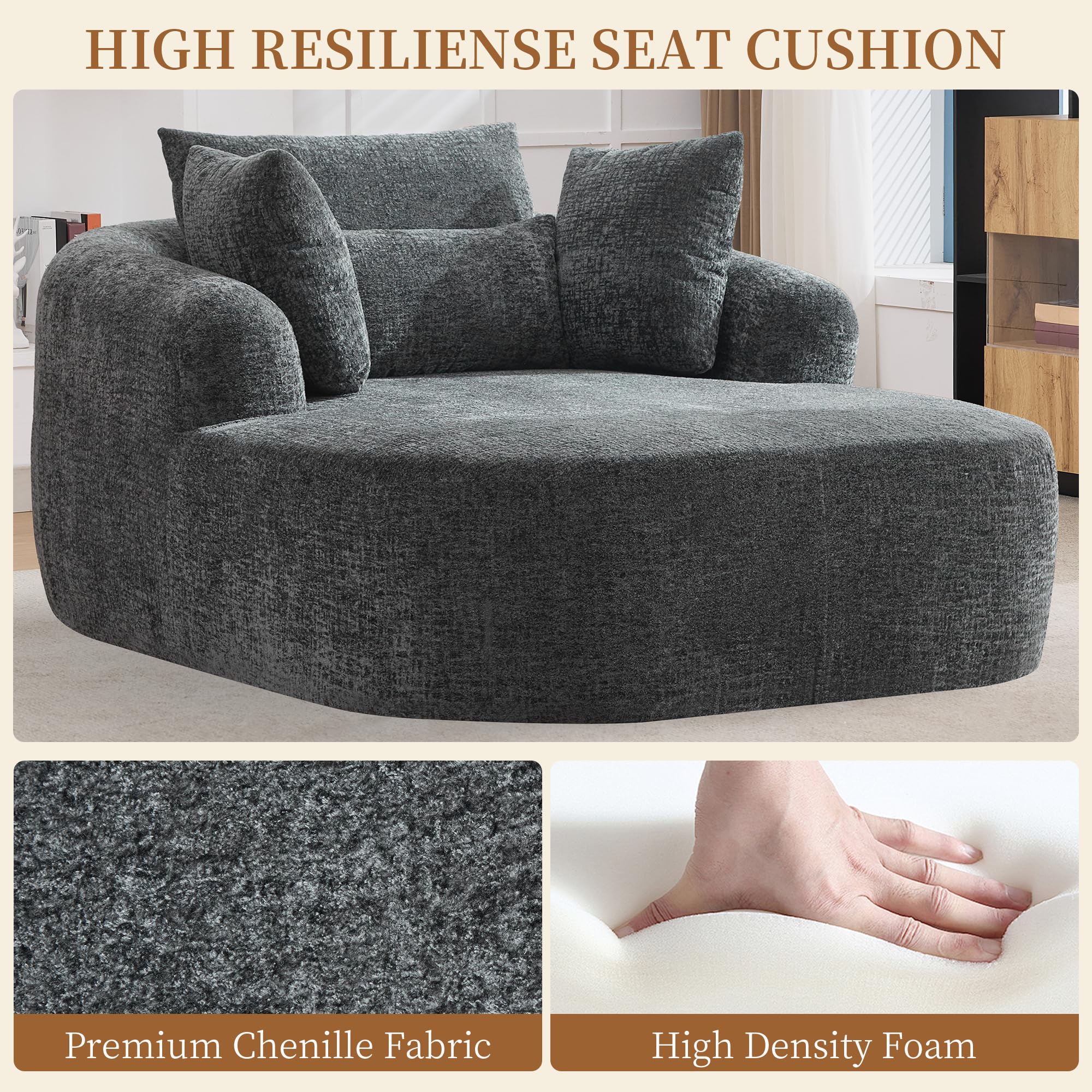 Gemütliche Chaiselongue aus Chenille-Stoff, übergroßes, geschwungenes Akzentsofa mit 4 Zierkissen, modernes Polstersofa für Wohnzimmer, Schlafzimmer oder Wohnung (Grau)