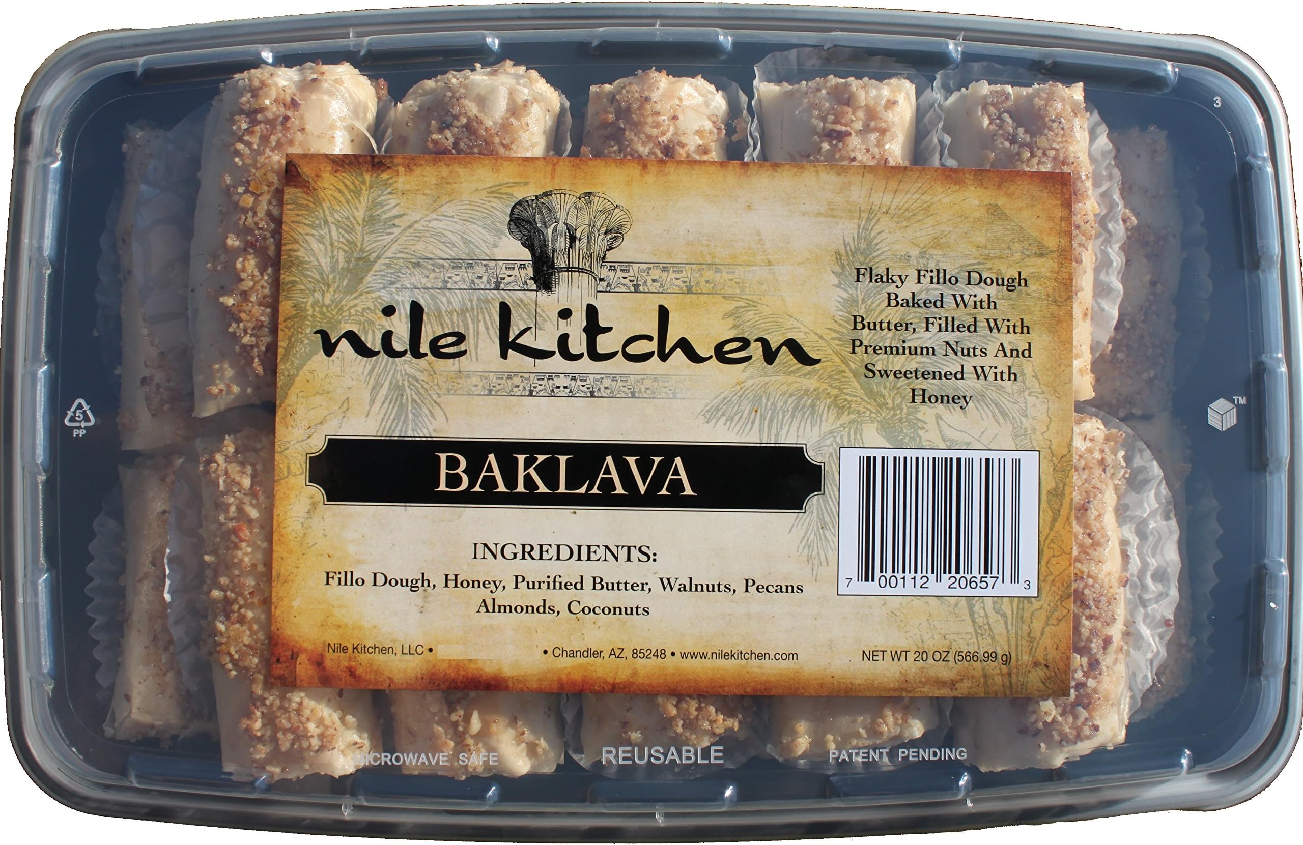 Nile Kitchen Premium Rolled Baklava, Lightly Sweetened with Honey, Rich Blend of Walnuts, Pecans, & Almonds, 20oz (24 Pcs)