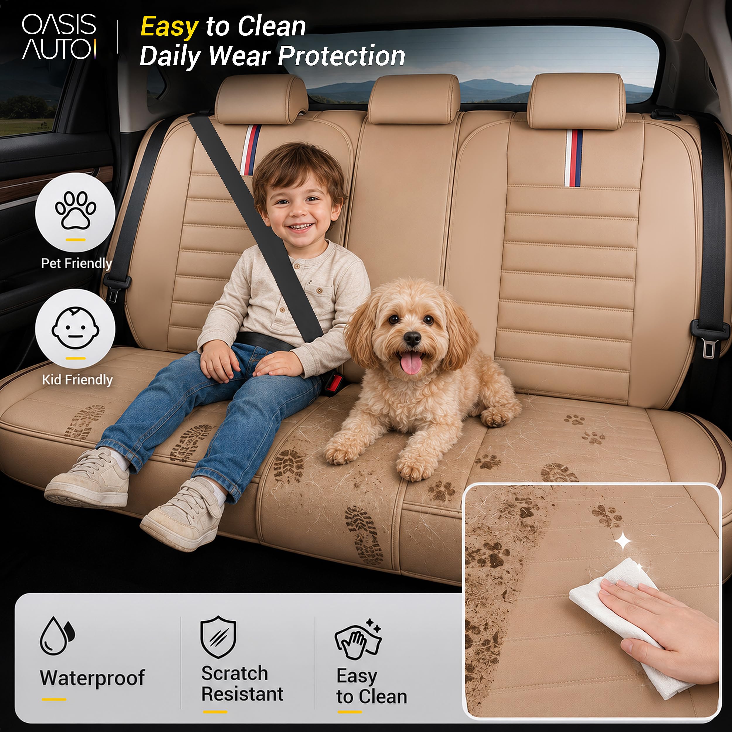 OASIS AUTO Car Seat Cover Full Set, Leather Car Seat Cover, Waterproof Seat Covers, Car Seat Cushion, Nappa Leather Seat Covers Car Seat Protector Universal Fit Most Cars (OS-001 Tan) — Amazon image 4