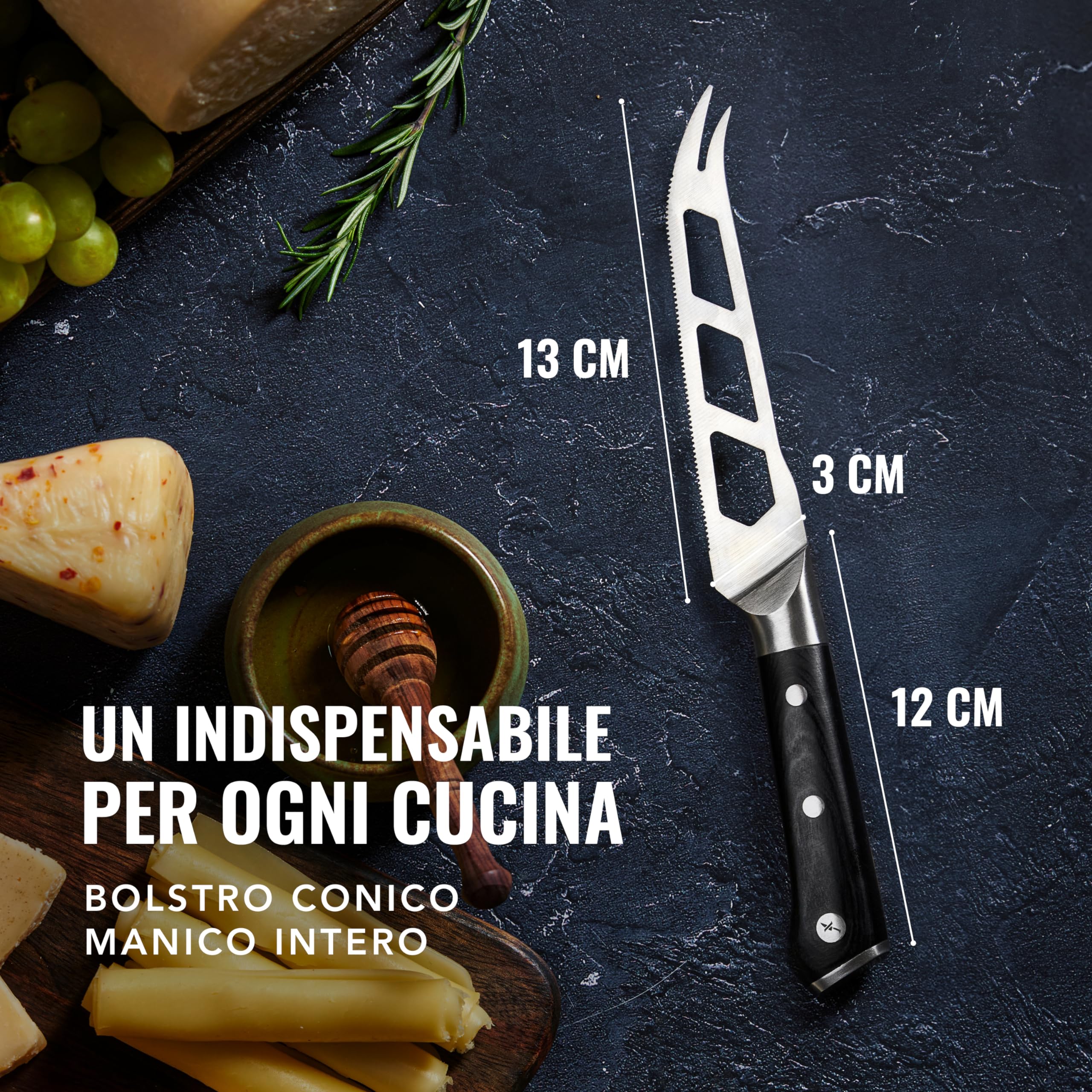 Cutluxe Coltello Formaggio 13 cm – Lama Forcata, Seghettata e Antiaderente – Acciaio Tedesco ad Alto Tenore di Carbonio – Maniglia Ergonomica – Serie Artigianale