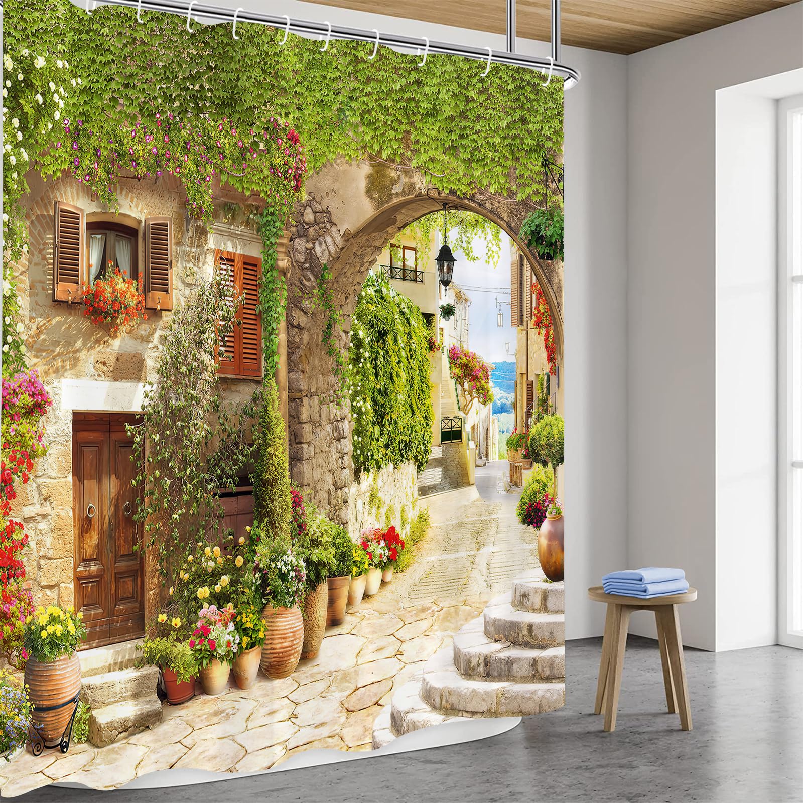 GOOESING Garden Shower Curtain Leaves Flowers Floral Shower Curtain Landscape Bathroom Curtain with Hooks Bathroom Bathtub Decor Washable Durable Waterproof Fabric 180x180cm - Image 2
