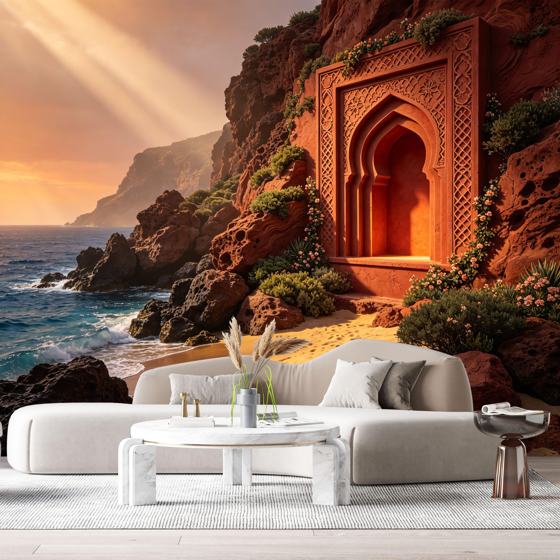 Custom Size Wall Murals Coastal Landscape Sunset Ocean Arch 3D Trompe L'Oeil SelfAdhesiveWall Fabric Removable Wallpaper Wall Decor for Living Room Bedroom Bathroom