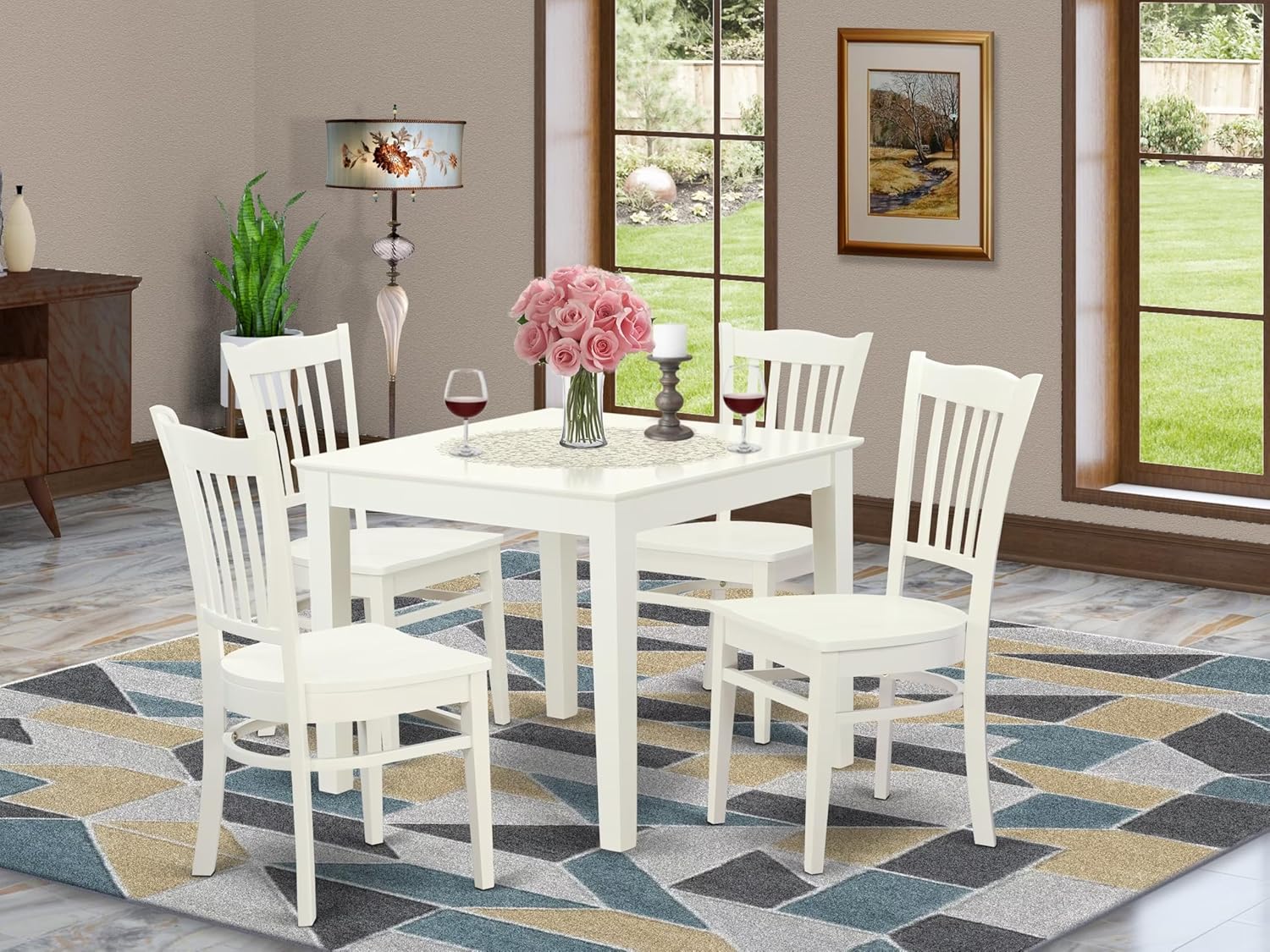 East West Furniture OXGR5-LWH-W 5 Piece Dining Room Furniture Set Includes a Square Kitchen Table and 4 Dining Chairs, 36x36 Inch, Linen White image 2 of 6 B01MRH972N