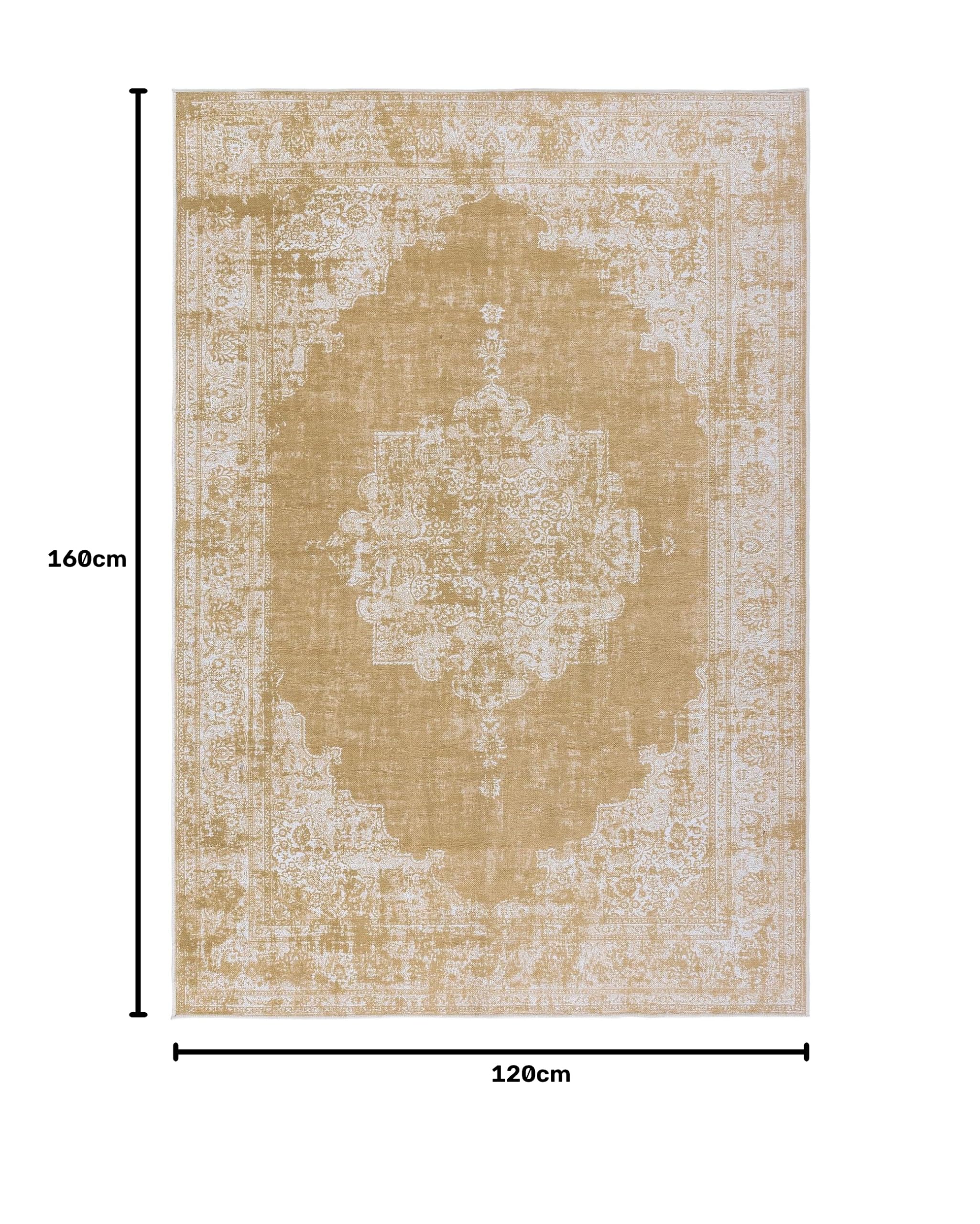 TESSO LIVING Vintage Teppich – 120 x 160 cm Gelb – Waschbar & rutschfest – Kurzflor, Faltbar – Pflegeleichter Wohnteppich