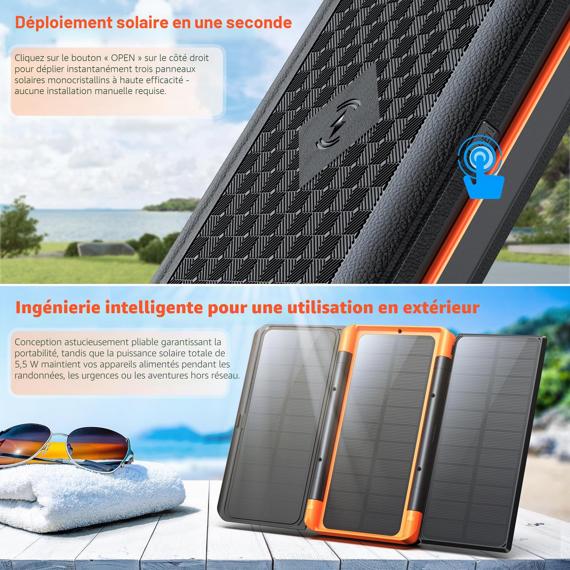 63200mAh Batterie Externe Solaire:Power Bank avec 3 solarpanel 22.5 W Charge Rapide USB-C Chargeur Portable Charge sans Fil avec Lampe SOS & Affichage Numérique, pour Camping Randonnée