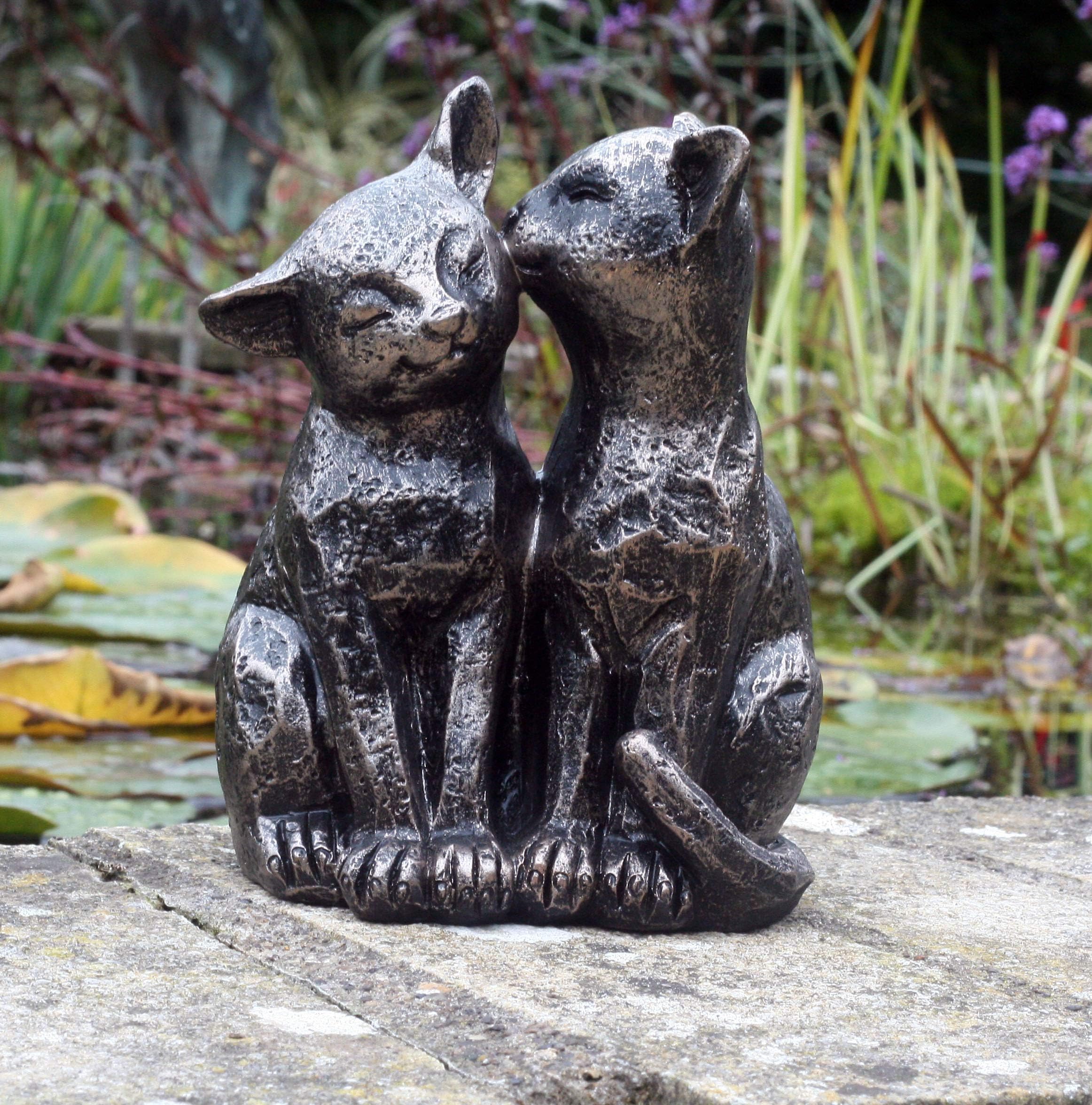 FHFY Garden A Pair of Bronze Effect Cats, 18cm (medium) gardening ornament, indoor or outdoors