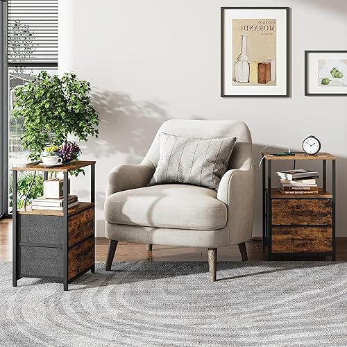Miniatura 5 de TUTOTAK End Table with Charging Station, Side Table with 2 USB Ports and Outlets, Nightstand with Cloth Drawer, Set of 2, Couch Table, Brown