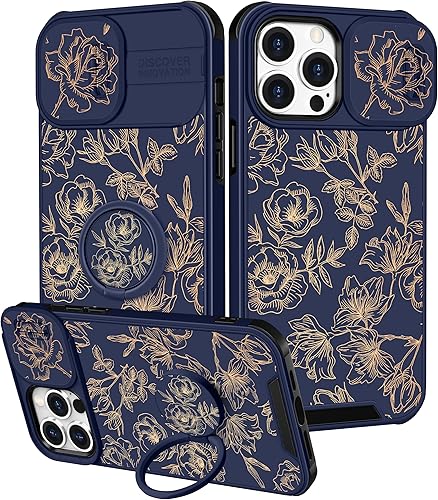 Goocrux Funda 2 en 1 para iPhone 15 Pro Max con flores florales para mujeres y niñas, bonita funda femenina con diseño de flores doradas con