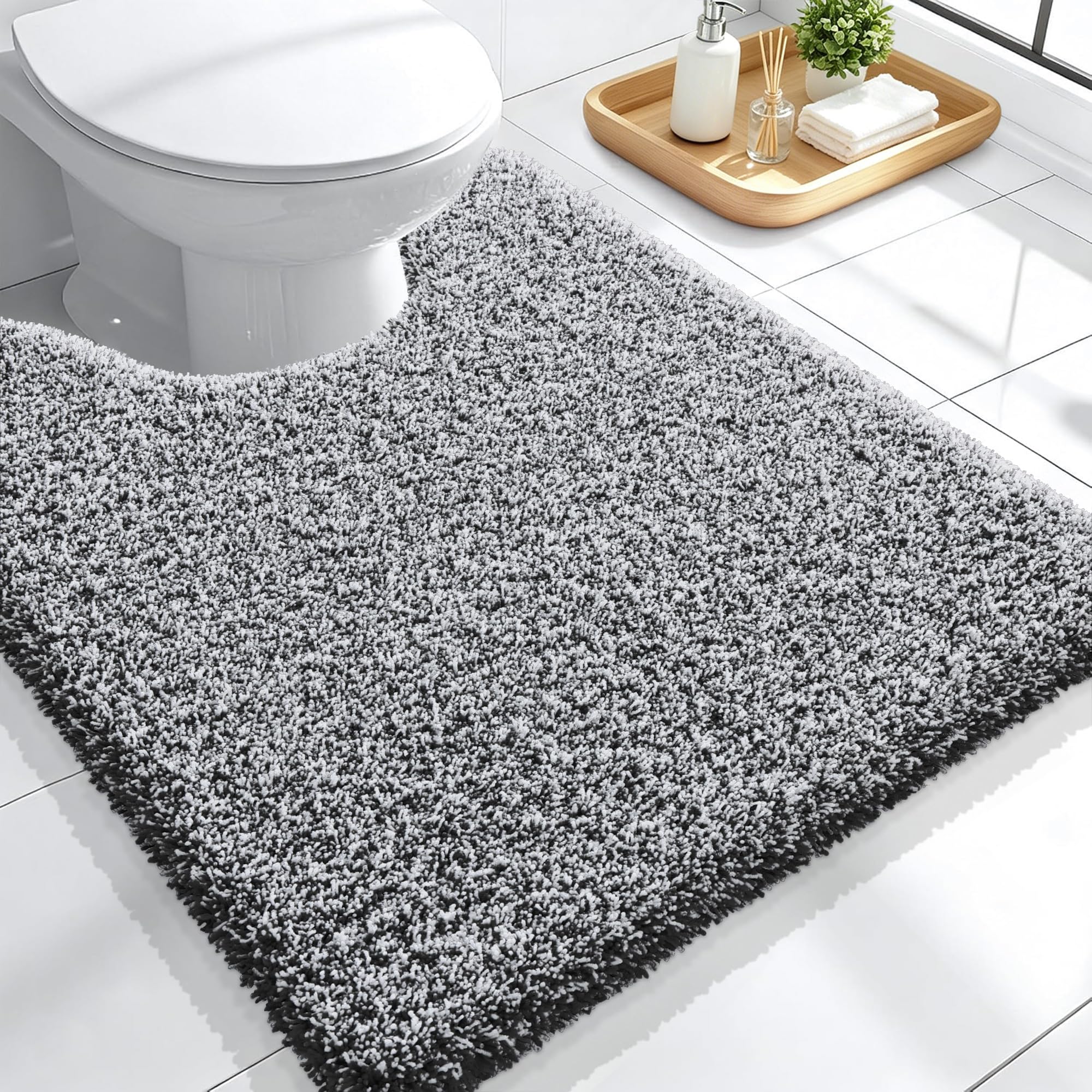 OLANLY Microfiber Bathroom Toilet Rugs U-Shaped Mat 24x20, Black and White