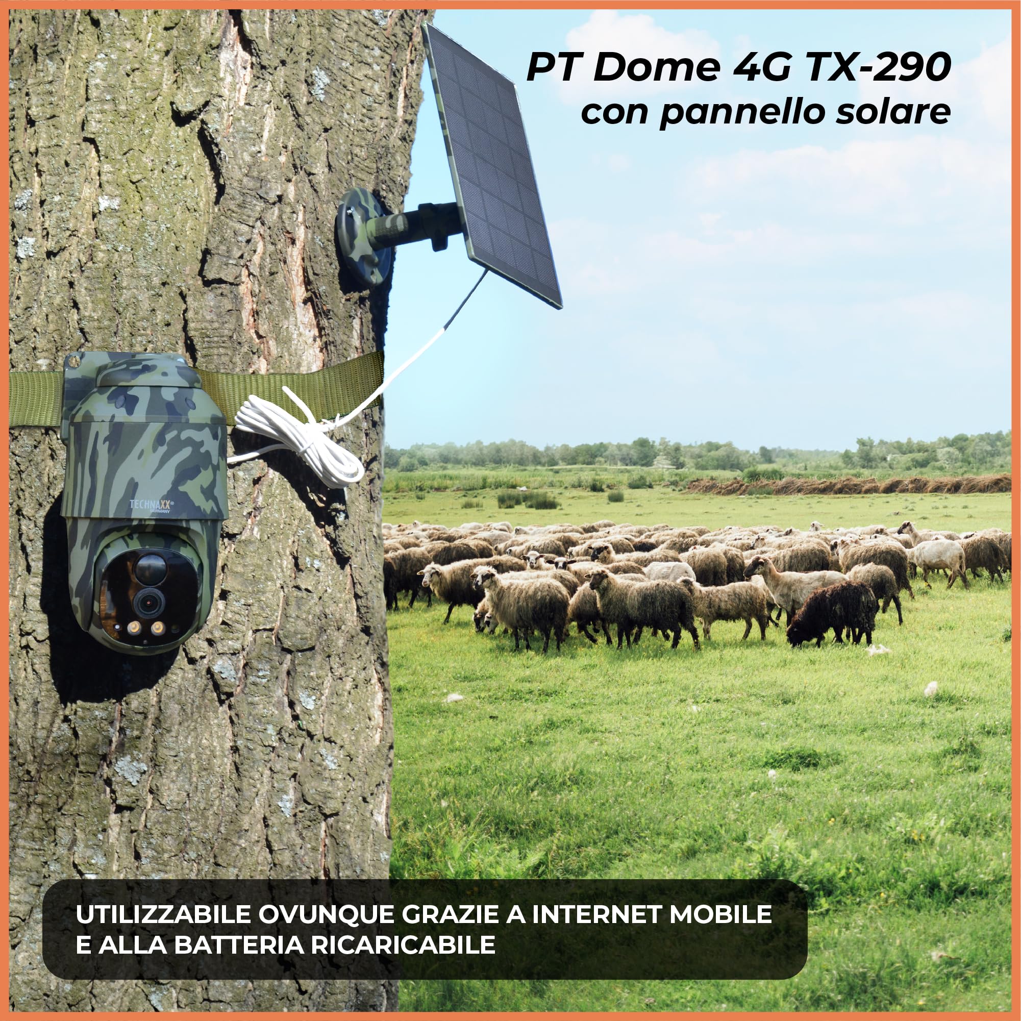 Technaxx Telecamera PT 4G da esterno con pannello solare 5W, 4MP, PIR, PTZ 360°, IP65 TX-290