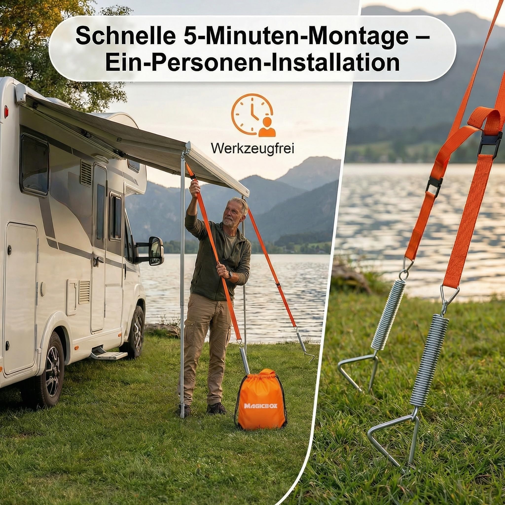 wohnwagen markise sturmband Magicbox Set für Thule&Fiamma, Sturmsicherung Komplett Set mit 2 Spiralnagel, 2 Federn, 2 Spanngurten+Tasche, Wetterfestes Wohnmobil Zubehör zur Stabilisierung von Markise Auto & Motorrad Green Tiny House Schillig sz-001 Hier zur Auswahl der Ausführung:Ø 28 mm Alu mit GripStop (165–250 cm)
