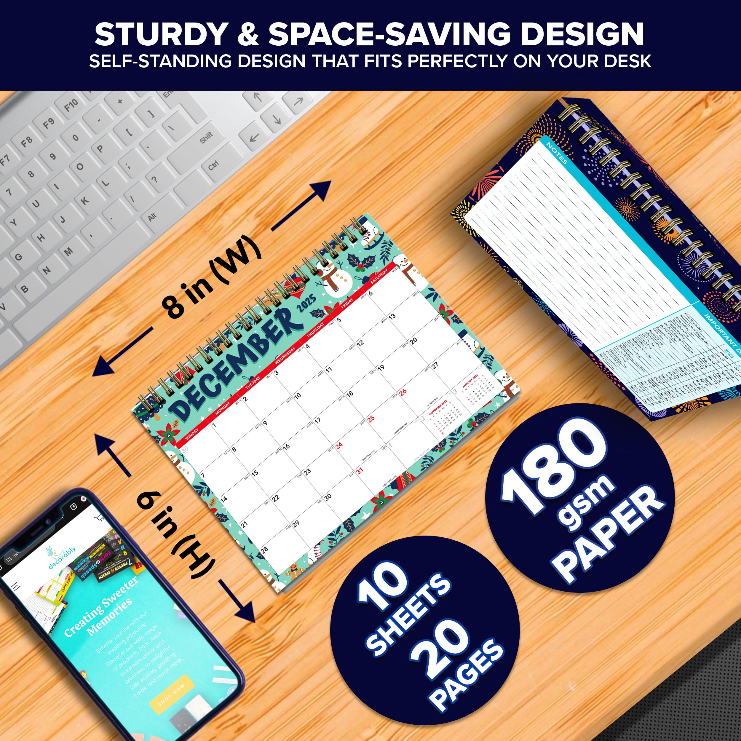 Decorably 18 Months Small Desk Calendar 2025 Standing