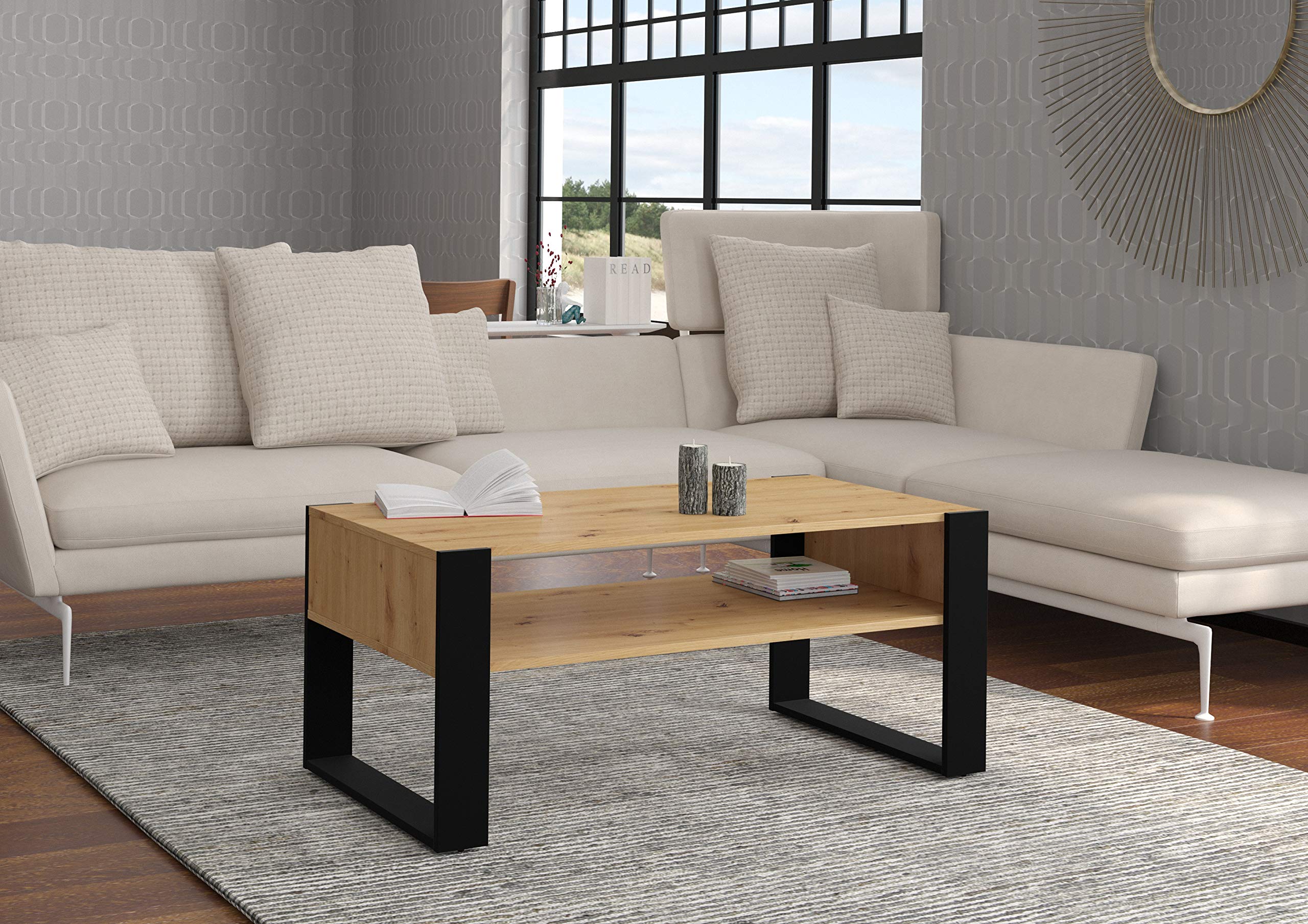 BIM Furniture Kaffeetisch Couchtisch Nuka F 110x60 cm Beistelltisch Tisch mit Regal handwerkliche Eiche schwarz