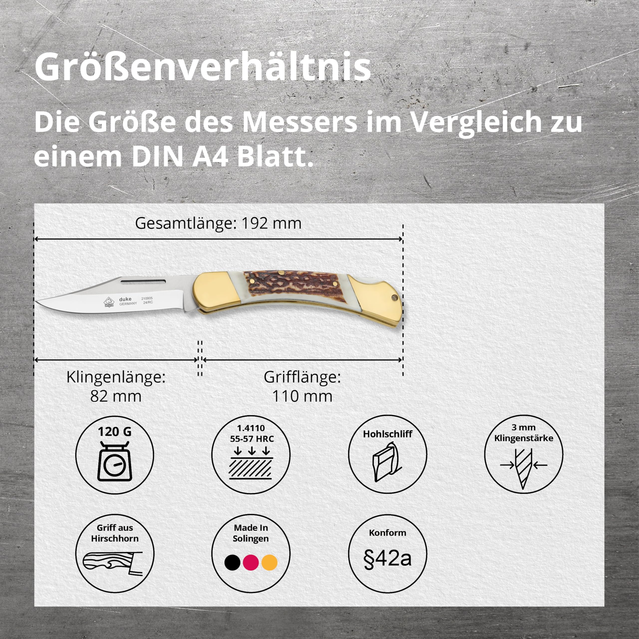 PUMA - Duke - Sportschließmesser - 82mm Clippoint-Klinge aus deutschem Stahl (1.4110, 55-57 HRC) - Griffschalen aus echtem Hirschhorn - Messinggriffkörper - Gefertigt in Solingen (Art.Nr.: 210905)