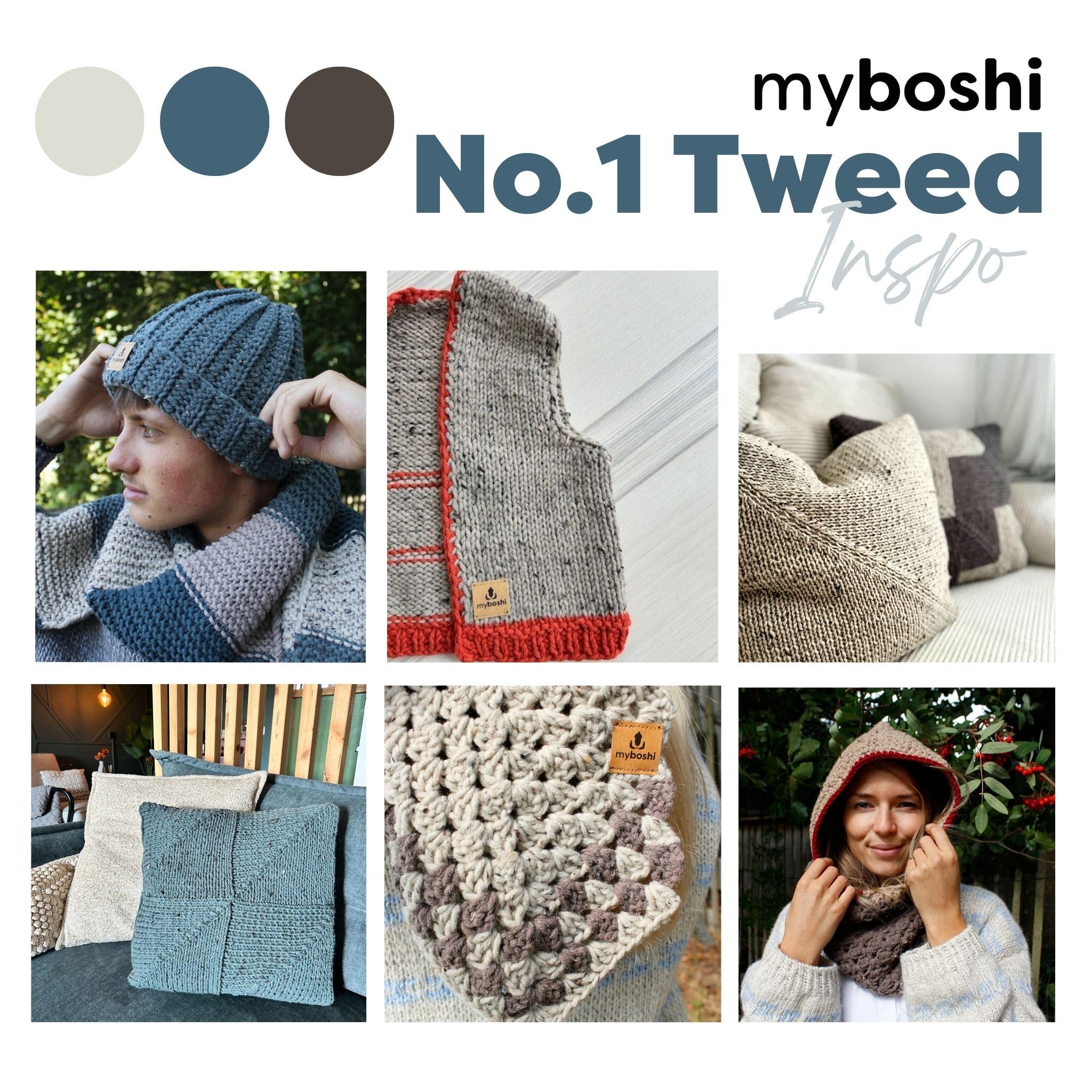 myboshi No.1 Tweed, zum Häkeln und Stricken, Schnellstrickgarn, mulesing-freie Mützenwolle, Strickwolle, Häkelwolle, 50g, Ll 55m Beige (Marmor), 10 Knäuel