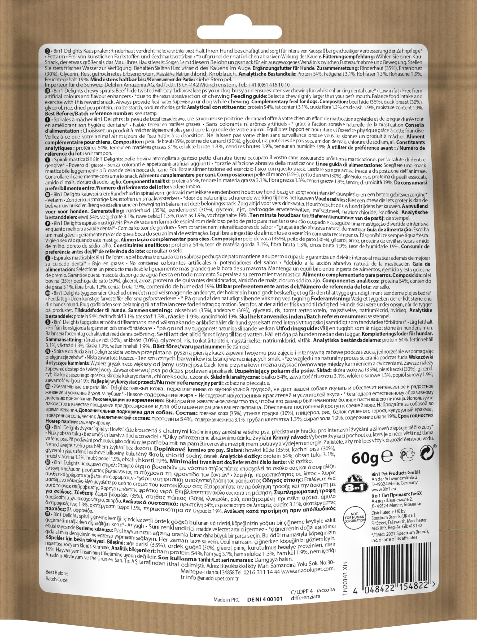 8in1 Delights Duck Spirals - Snack masticabile sano per cani, carne di anatra di alta qualità avvolta in pelle di manzo, 6 pezzi