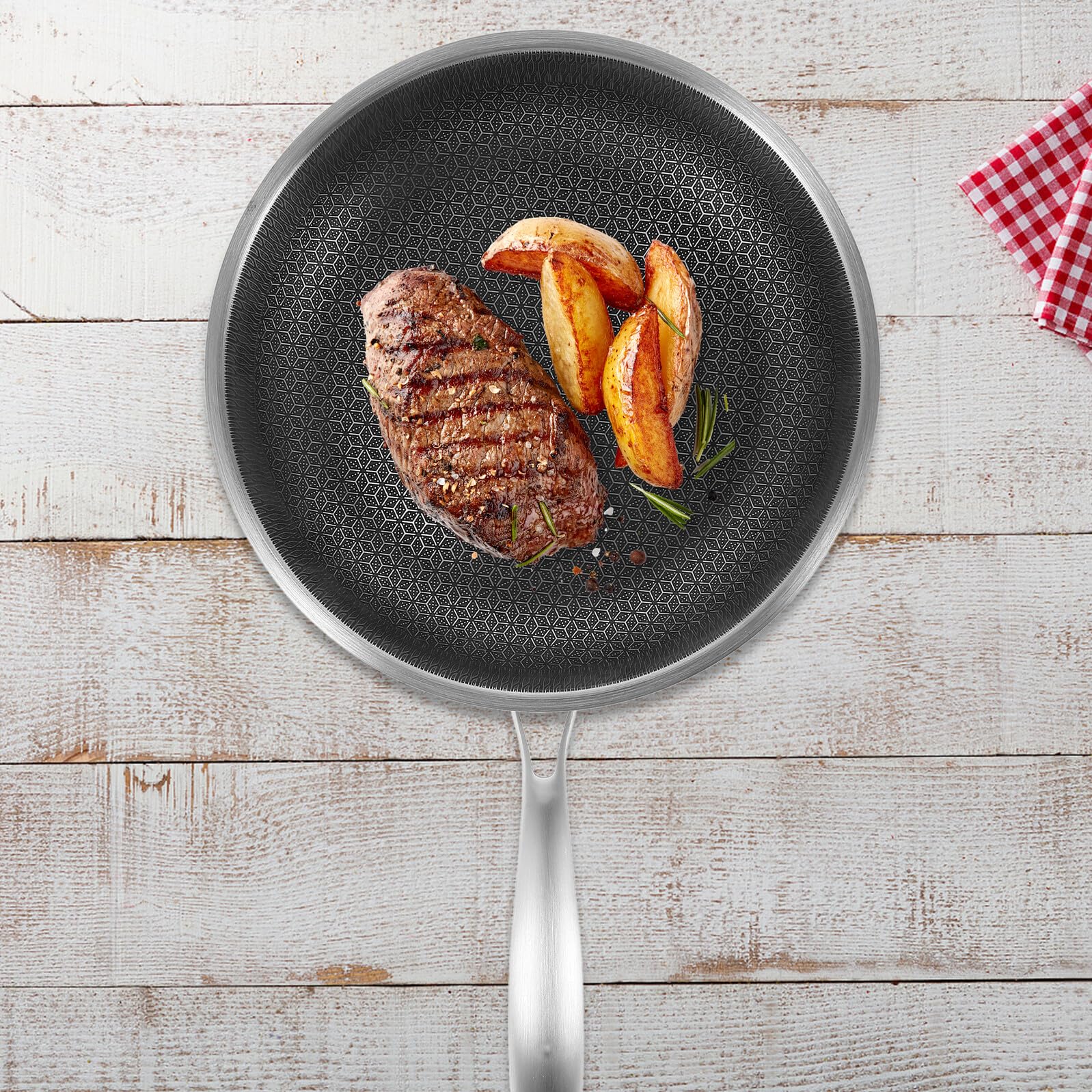 Mipcase Padella Wok in Acciaio Inossidabile Honeycomb Antiaderente Manico Ergonomico Facile da Pulire per Cucina e Griglia, per Salsicce e Patate
