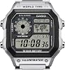 Casio Serie AE1200WH | Reloj digital para hombre | Resistente al agua 100M | Multi alarmas | Cronómetro de 100 seg | Temporizador de cuenta regresiva | Mapa mundial para hora mundial | Luz LED | Pantalla analógica LC | Batería de 10 años 5