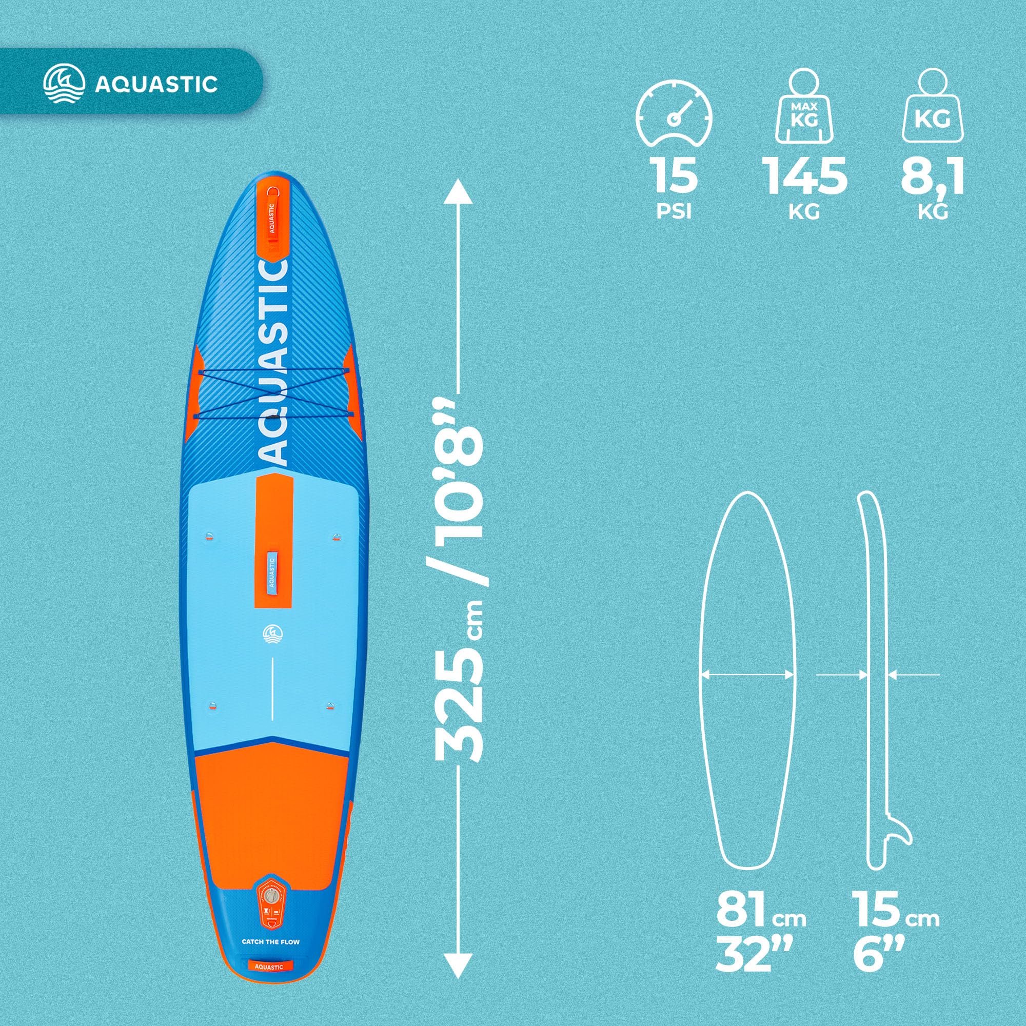 AQUASTIC Perth aufblasbares SUP-Board 10'8" bis 150 kg | 325 × 78 × 15 cm, 320 l, mit EVA-Deck, Drop-Stitch-Lite, Sitz-D-Ringen und Zubehörset für ruhige Gewässer