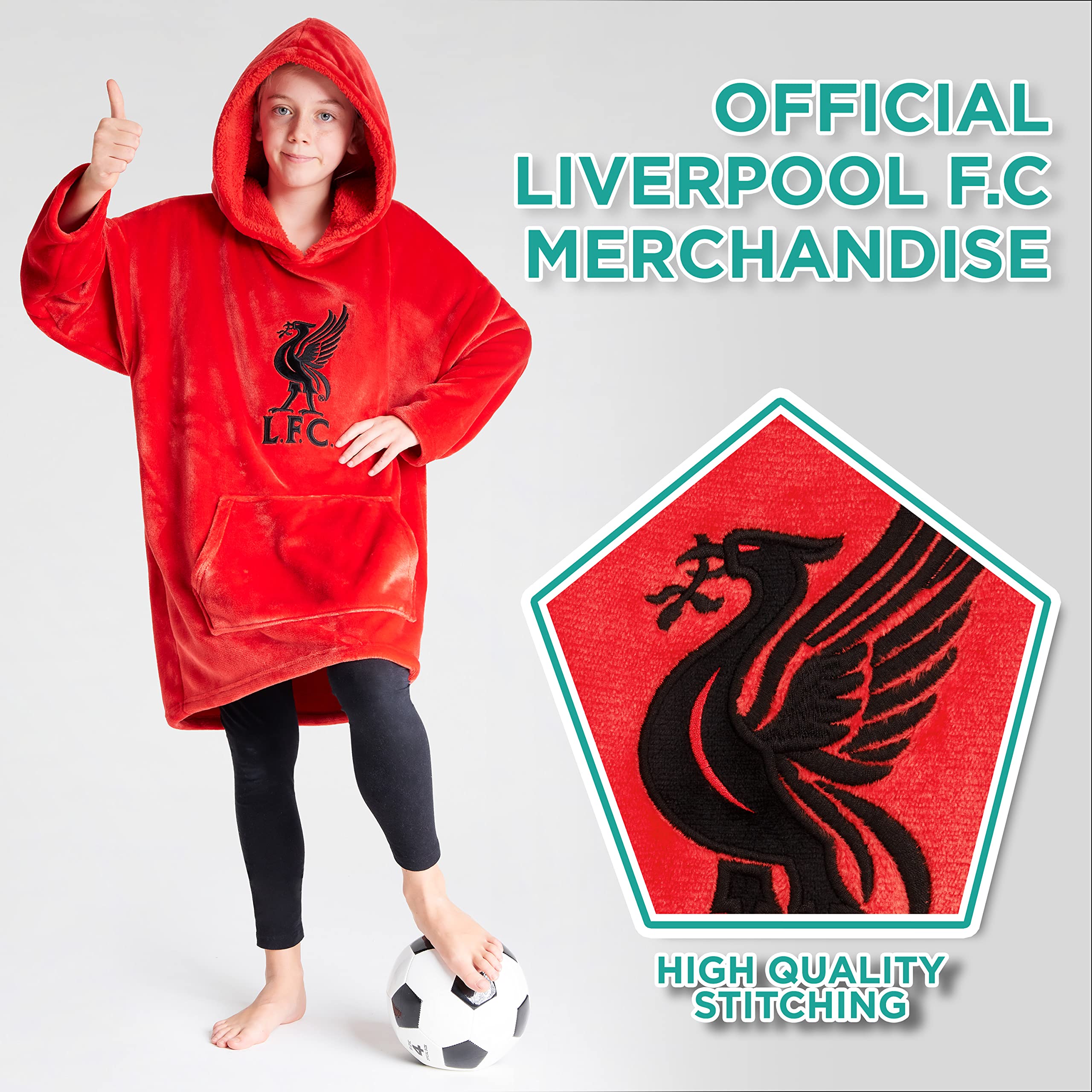 Liverpool FC Fleece Hoodie Blanket for Boys Teenagers One Size Kids Oversized Hoodie Liverpool Gifts for Boys (Red)